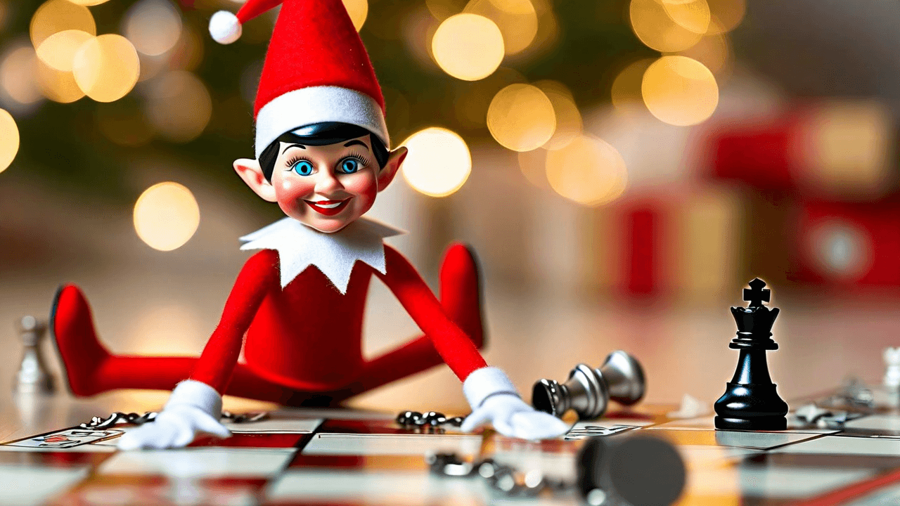 Elfo Travieso con esposas de papel en una muñeca, junto a un rastro de piezas de Monopoly, un rey de ajedrez y fichas de Scrabble que salen de cajas de juegos abiertas, con cinta adhesiva marcando la ruta de escape y una nota que dice «Los dejé salir. La Noche de Juegos está CANCELADA. —El Elfo».