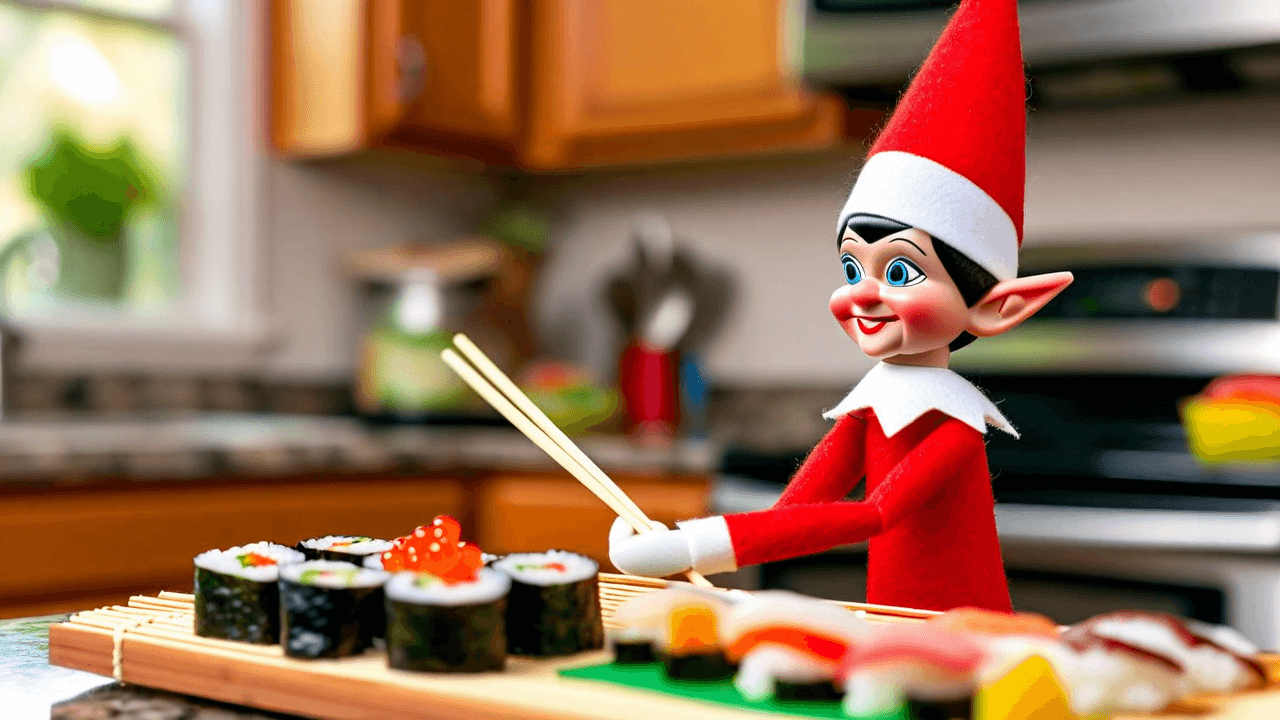 En liten rampenisse med en spisepinnebånd på hodet står stolt ved siden av en liten sushibar laget av svart konstruksjonspapir, hvite leire- eller marshmallowkuler, og fargerike klistremerker, med en lapp som sier «Omakase i kveld — sjefens valg!»