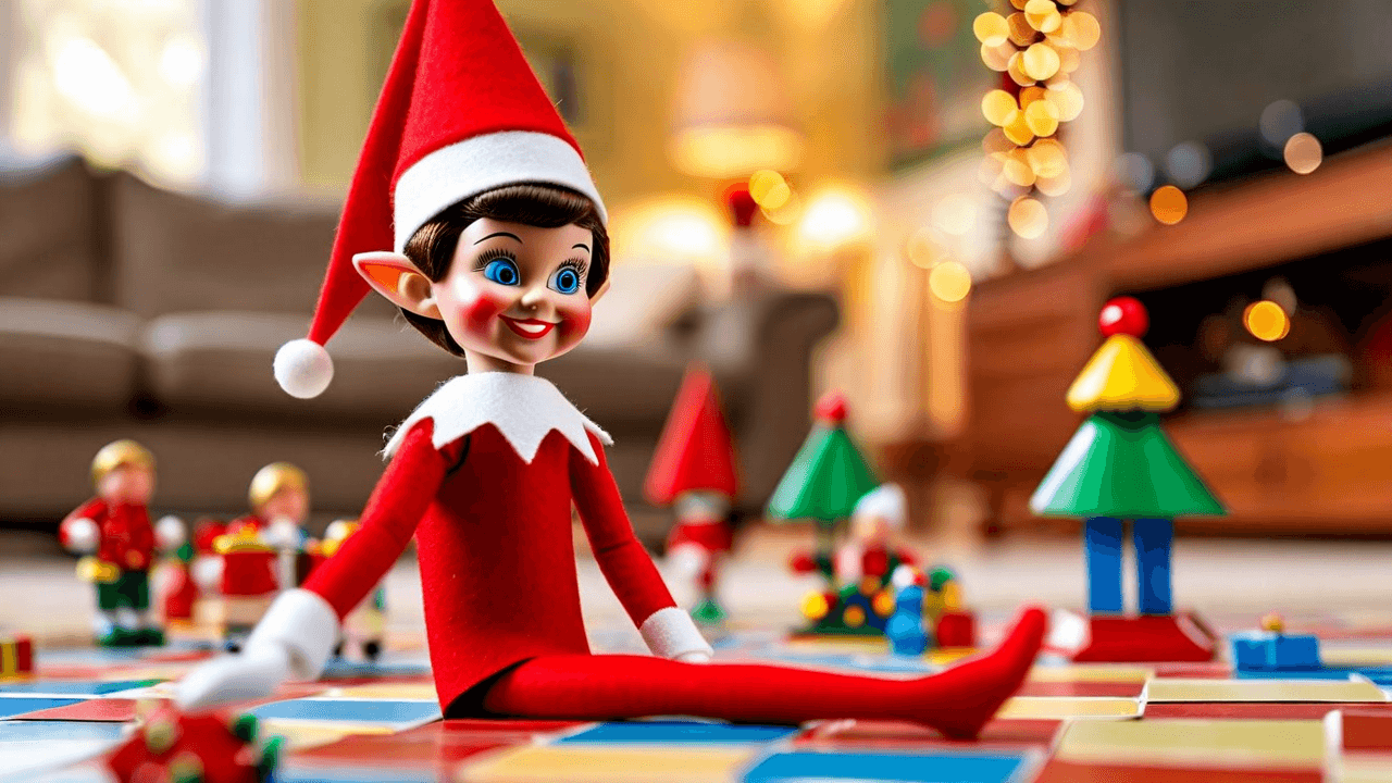 En Rampenisse-dukke står ved siden av en fjernkontroll med en lapp som sier 'DANSEMODUS — ingen er unntatt!' omgitt av Bluey og Bingo-figurer i dansestillinger på fargerike papirfliser, med et skilt på sofaen som sier 'Pappa sa nei til dans… Rampenissen sa JA!'