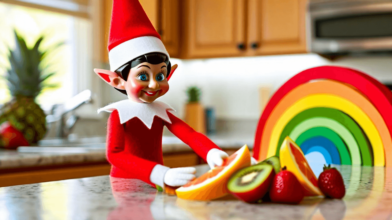 Elf on the Shelf: Tiny chef's fruit rainbow
