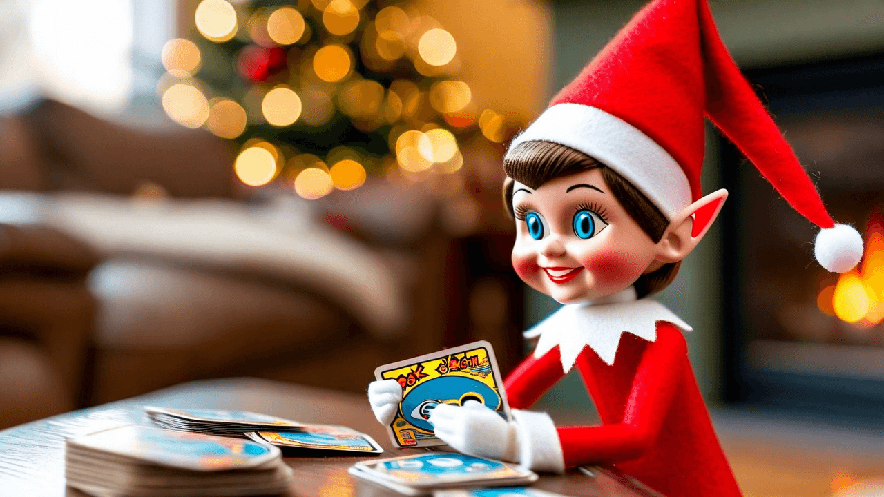 An elf has set up a Pokémon draft night on the coffee table with cards fanned out face-down, a tiny sign reading 'Gotta draft 'em all — no legendaries allowed!', and a sticky note for the kids to choose their picks.