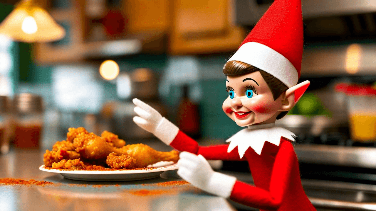 En liten Rampenisse sitter bak en kjøkkenbenk som er gjort om til en kyllingrestaurant, med papirmeny som sier «Jingle Wings — Est. 1 BC», kokkelue og serviettforklede, og en tallerken med plastikkbiter strødd med brødsmuler foran seg.