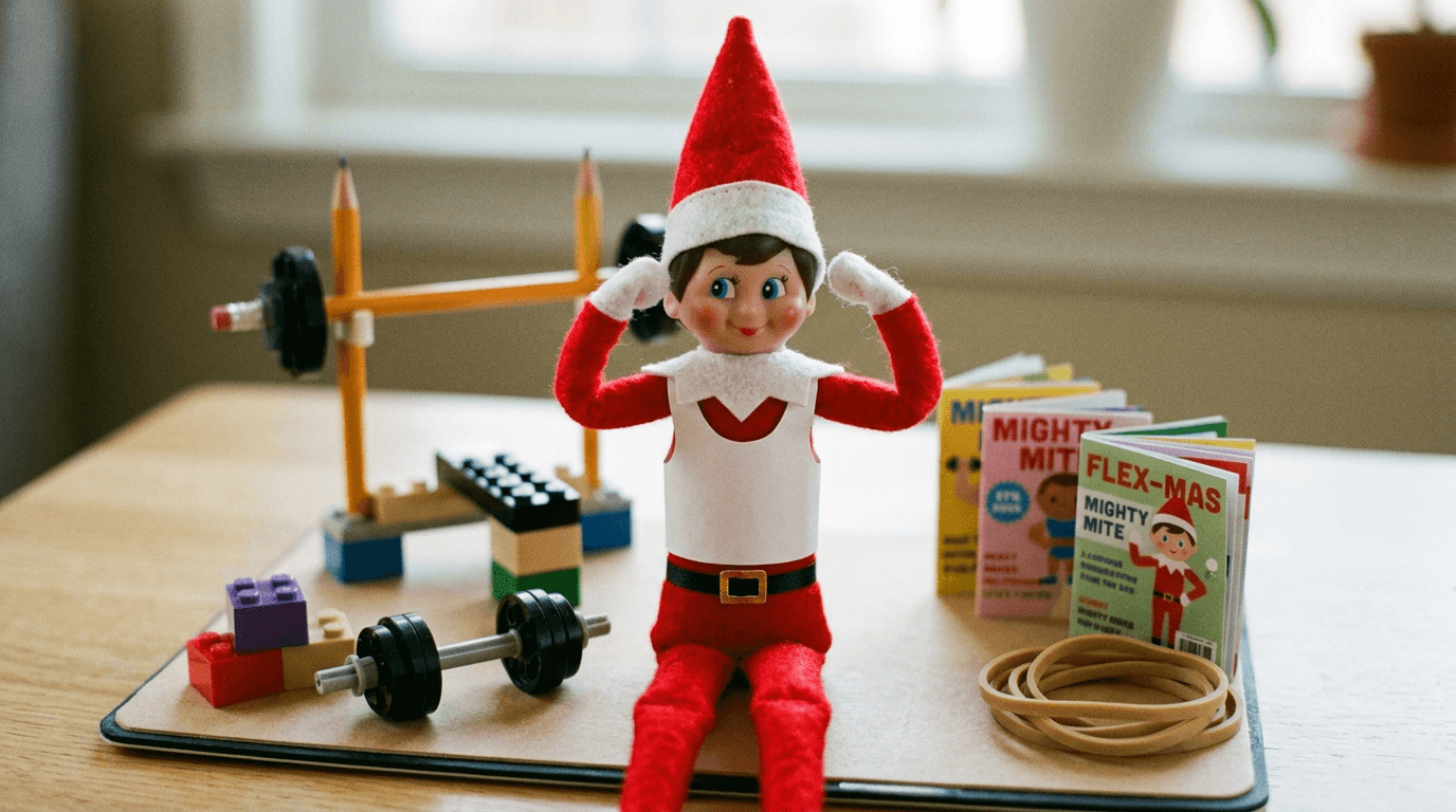 A playful elf stands next to building block dumbbells and a rolled-up sock barbell on an eraser mat 'stage', wearing a paper tank top with a nearby sign reading 'Venice Beach, CA â Est. 1993 đïžđȘ' and scattered magazine cutouts of famous wrestlers.