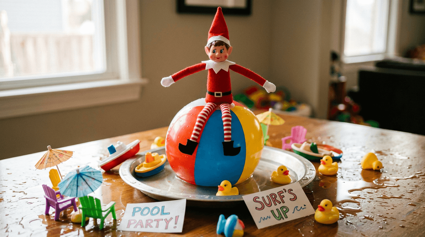 Elfo Travieso sentado sobre una pelota inflable pequeña en un recipiente con agua, rodeado de pelotas de colores, barquitos de juguete, patitos de goma y un paragüitas diminuto, con un cartel que dice «¡Campeón de la fiesta en la piscina!»