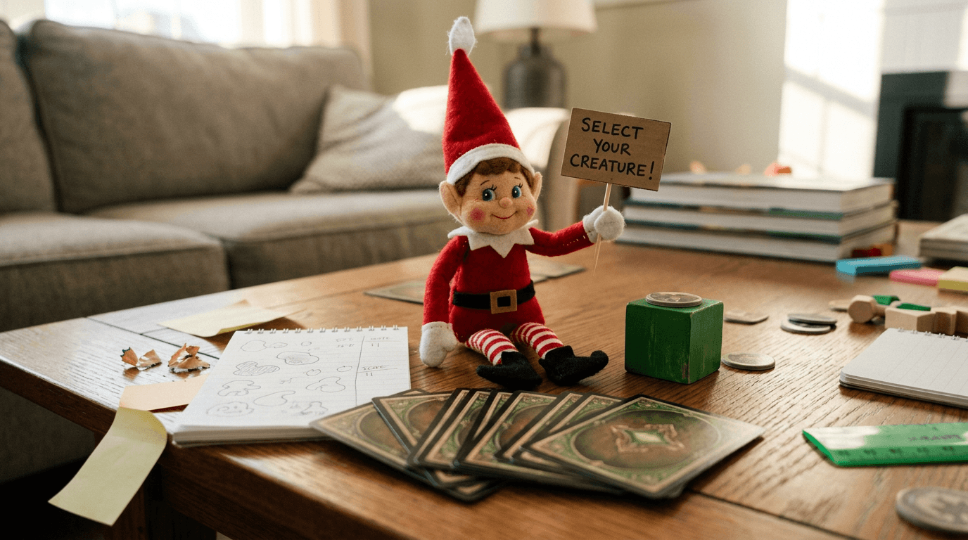 An elf has set up a PokĂ©mon draft night on the coffee table with cards fanned out face-down, a tiny sign reading 'Gotta draft 'em all â no legendaries allowed!', and a sticky note for the kids to choose their picks.