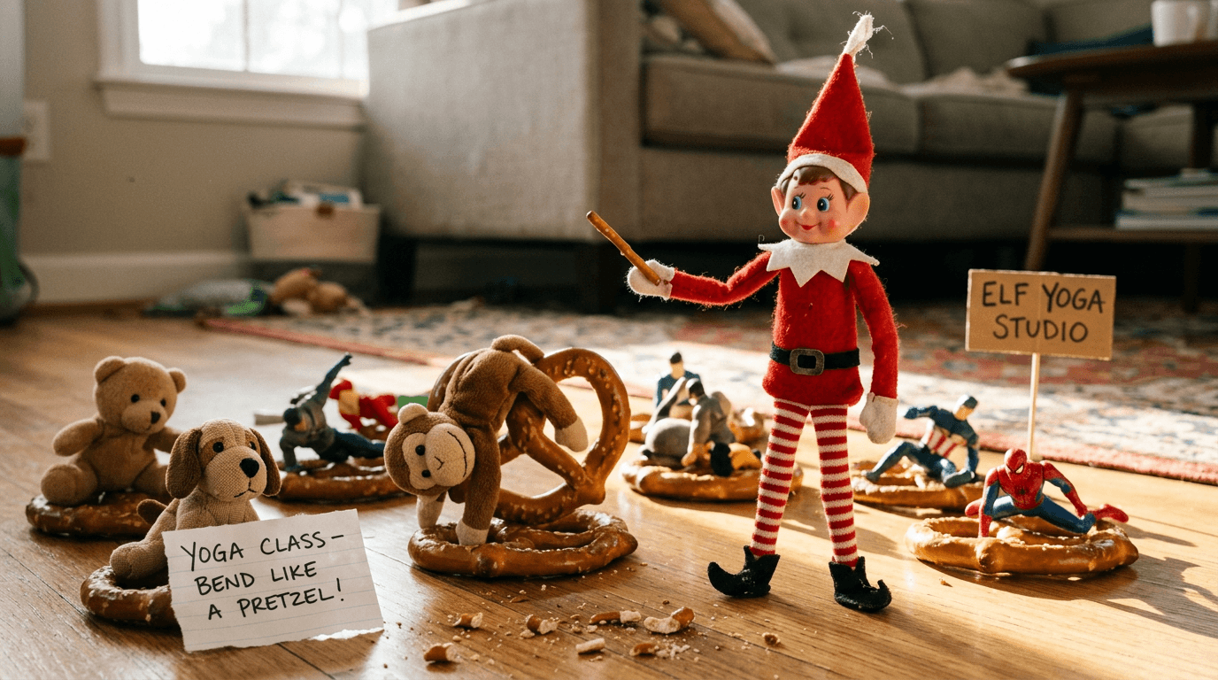 An elf doll stands next to action figures or stuffed animals positioned in twisted pretzel-like poses on pretzel stick yoga mats, with a sign reading 'Twist & Stretch Studio - All Bodies Welcome!' nearby.