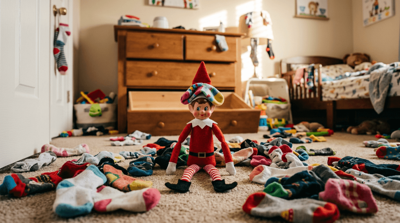 Un pequeño muñeco de Elfo Travieso rodeado de calcetines para niños esparcidos sobre una lámpara, una manija de puerta y su propia cabeza, con una nota que dice «¡Solo quería encontrar los que hacen juego!»