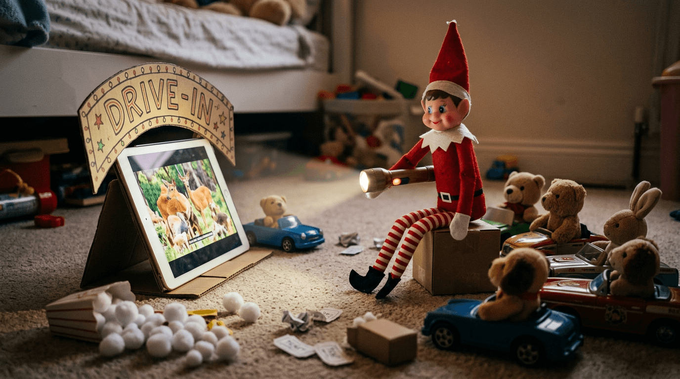 A cozy elf-created drive-in theater for toy animals with rows of stuffed animals seated in small boxes and toy cars, a cardboard marquee sign above a tablet screen, tissue box concession stands with pom-pom popcorn, and the elf standing by with a flashlight as the ticket taker.