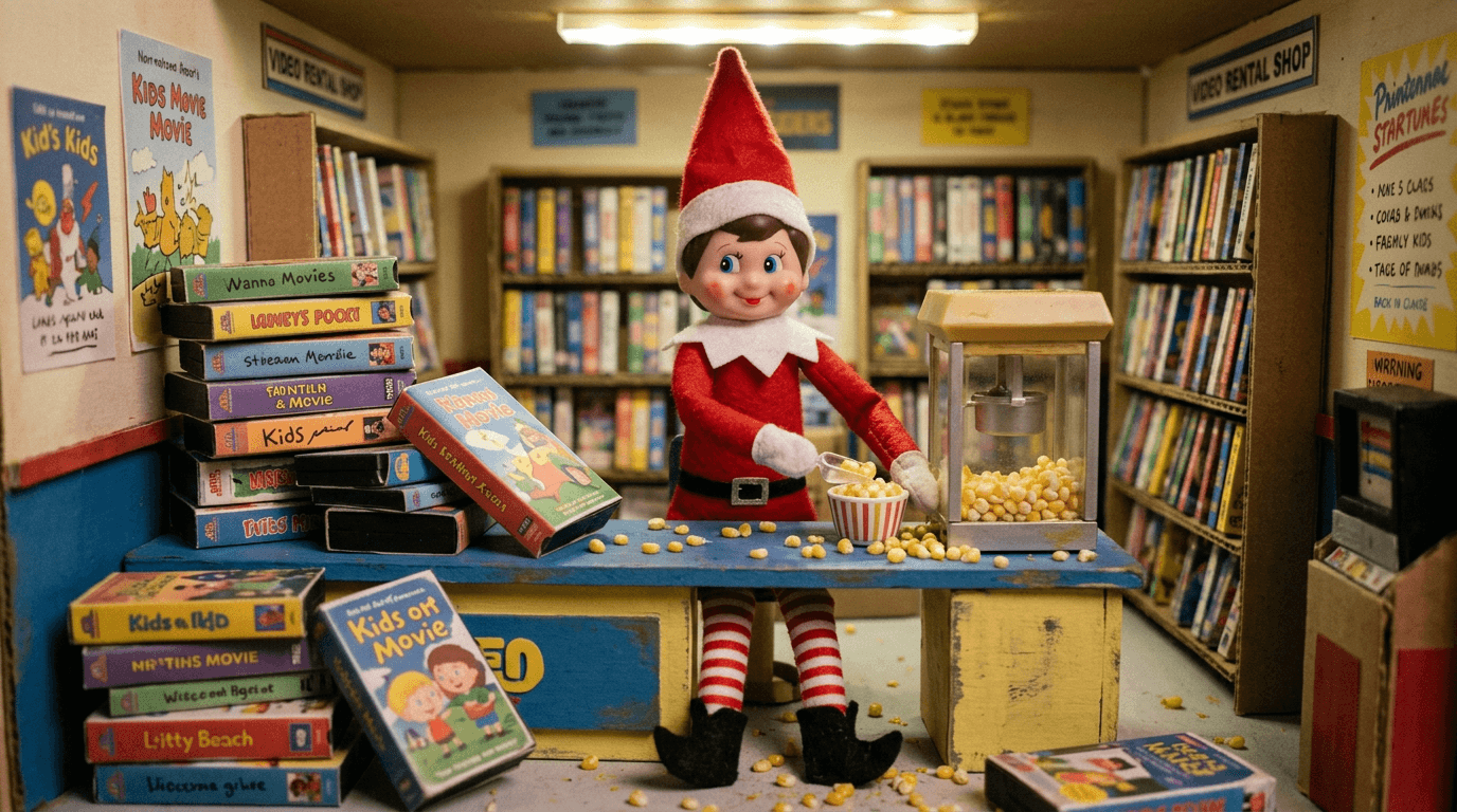 Elfo Travieso sentado detrás de un mostrador diminuto con un cuenco de palomitas, rodeado de cintas VHS caseras etiquetadas con películas clásicas de los años 90 y un colorido cartel que dice «¡Sé amable, rebobina!»