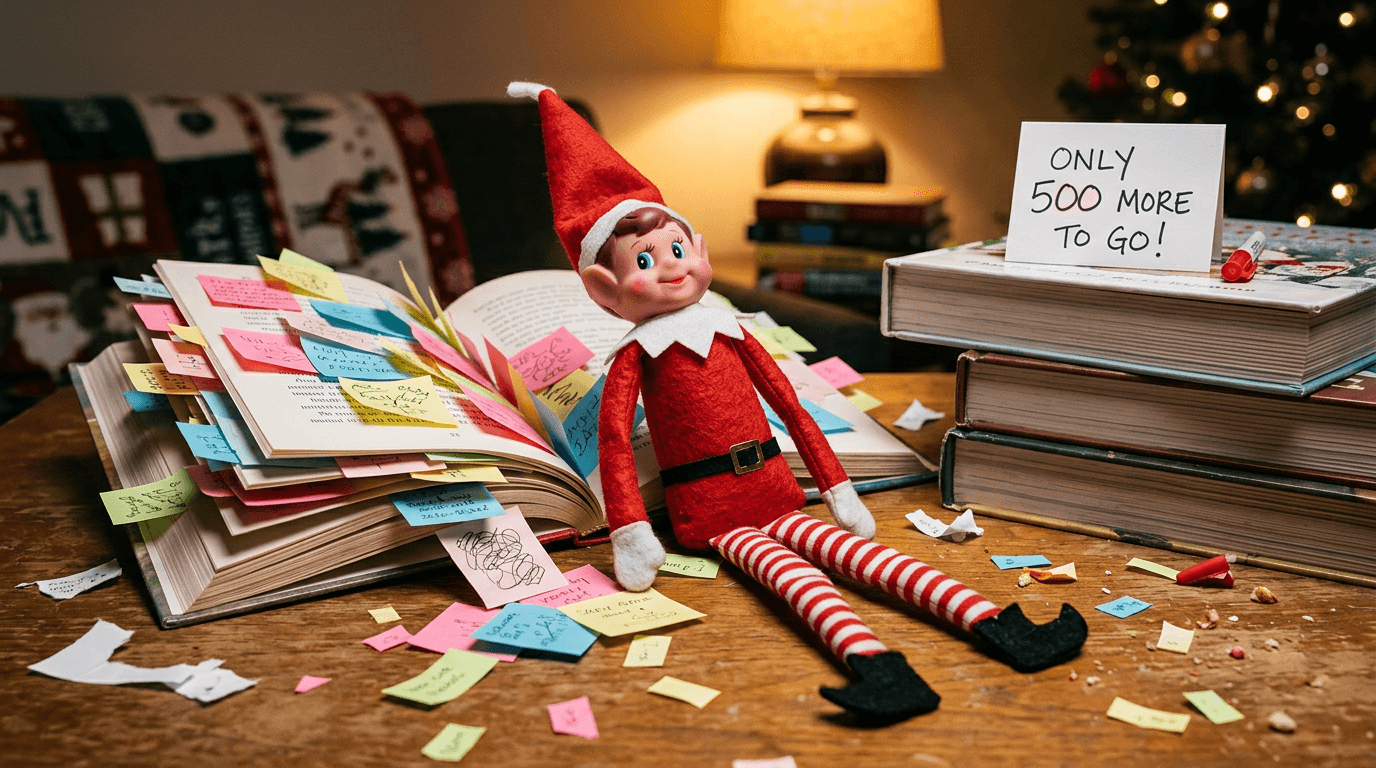 A small elf doll is propped up against a stack of children's books with colorful sticky-note annotations on the pages and a handwritten note nearby that reads, 'I picked your next great adventure â which one will you choose?'