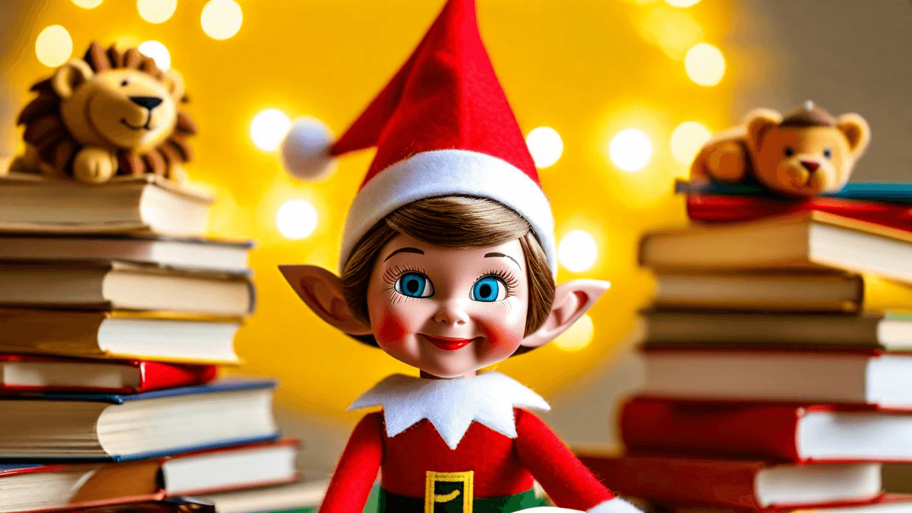 An elf sits atop a stack of board books shaped like Pride Rock, holding a small stuffed lion cub overhead in a celebratory pose with a paper sun glowing behind them and a note reading 'Hakuna Matata — no worries this season!' nearby.