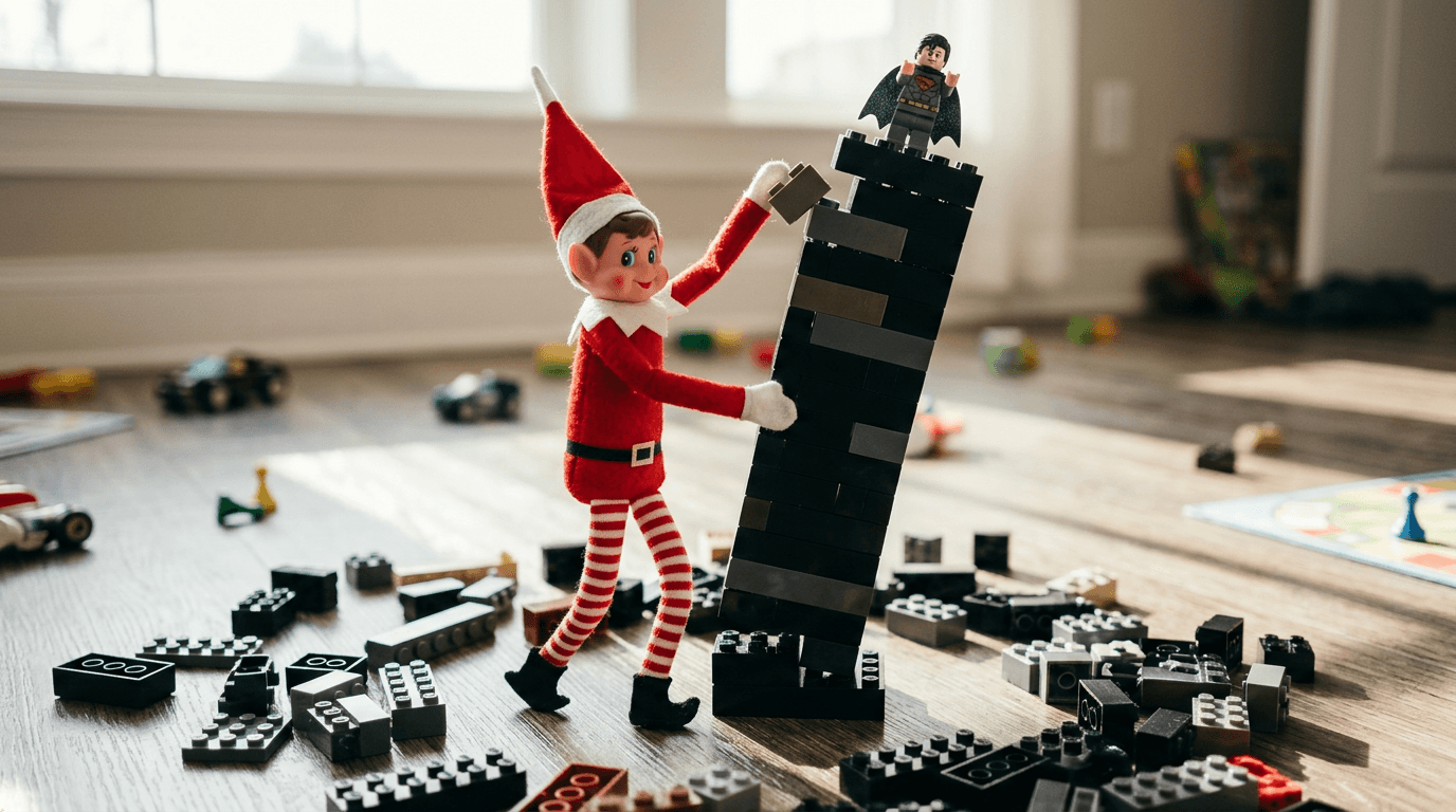 En Rampenisse-dukke står bekymret ved siden av et skjevt sort Duplo-tårn med LEGO Batman balansert på toppen, omgitt av spredte klodser på lekeromsgulvet.
