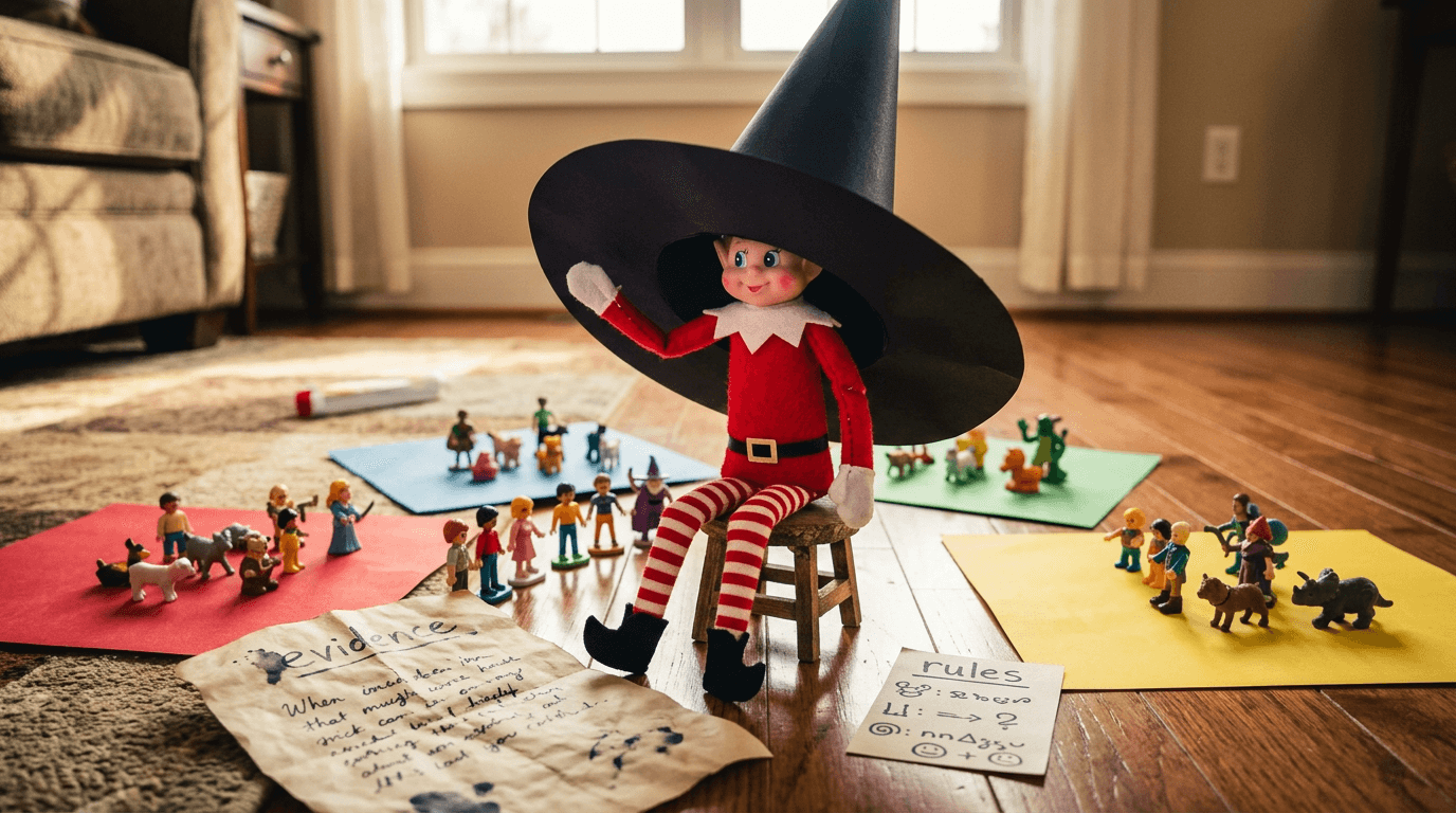 An elf dressed in a paper witch hat sits as the Sorting Hat, with toy figures lined up in front of it, and four colored house areas marked with red/gold, green/silver, blue/bronze, and yellow/black paper, with a sign reading 'The Sorting Hat has spoken!' nearby.