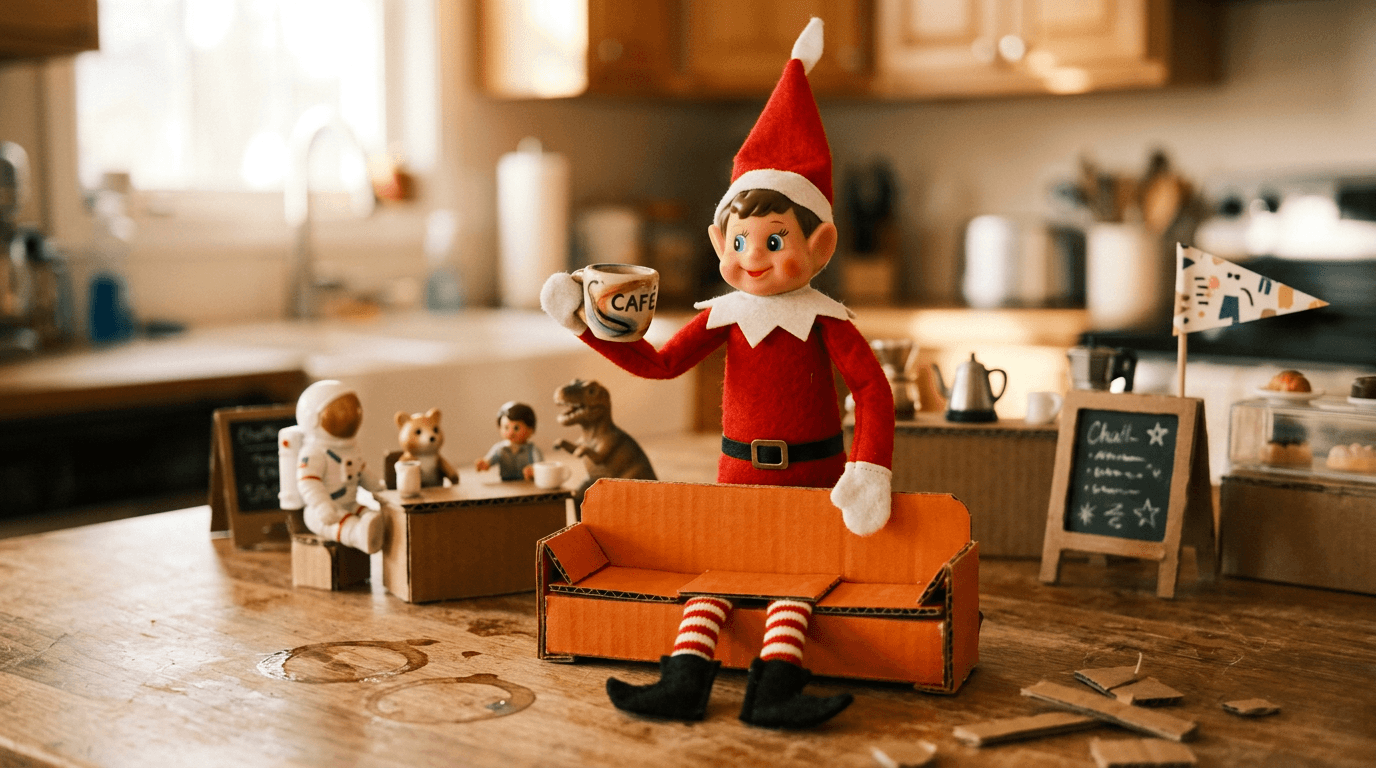 A cozy kitchen counter transformed into Central Perk with a mug bearing the Central Perk logo, a small folded cardboard couch, toy figures posed in conversation, and handwritten signs reading 'The One Where the Elf Makes Coffee' and 'We were on a BREAK⊠from the North Pole!'