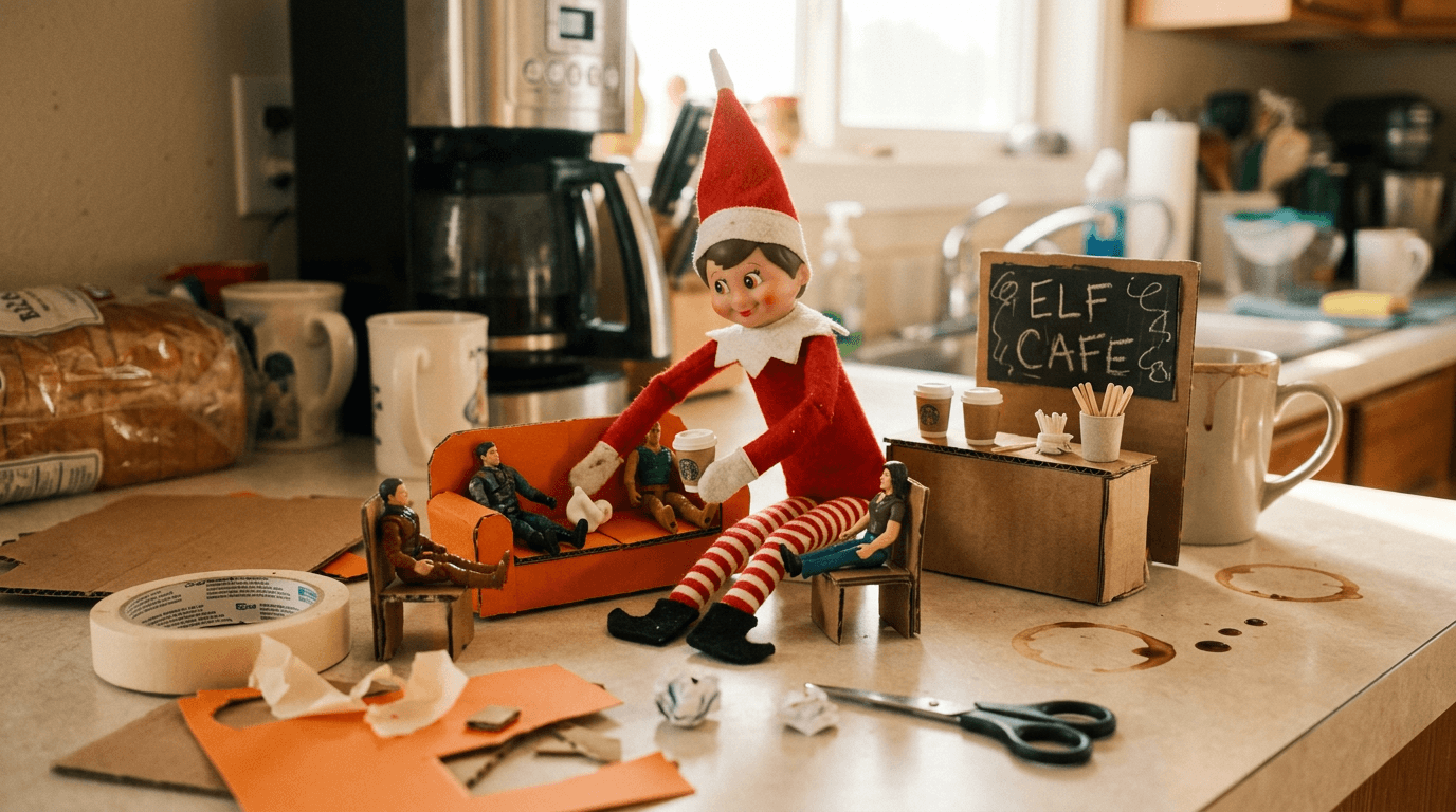 Köksbänken förvandlad till Central Perk med en mugg märkt med Central Perk-loggan, en liten soffa av vikad kartong, små leksaksfigurer som sitter och pratar, och handskrivna skyltar med texten 'The One Where the Elf Makes Coffee' och 'Vi var på PAUS… från Nordpolen!'
