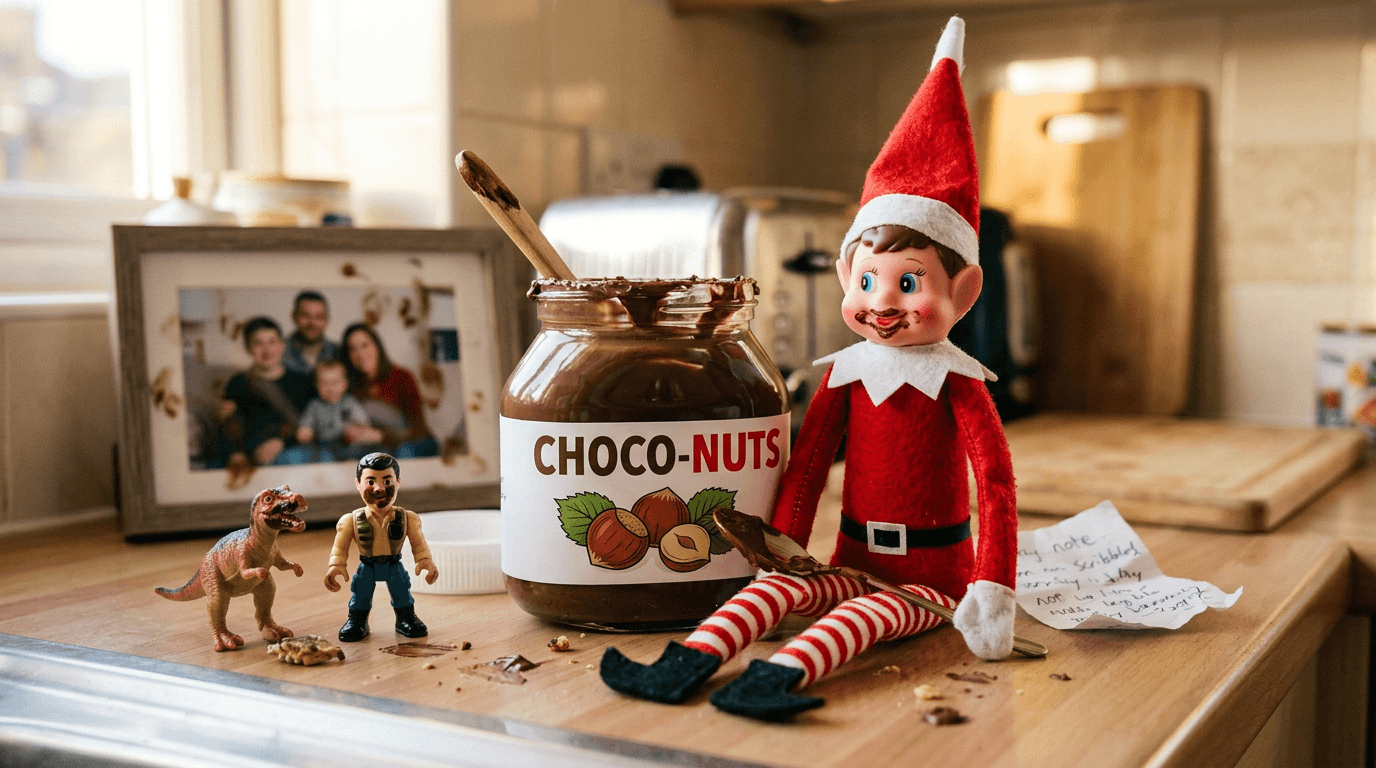 En Tomtenisse-docka sitter bredvid en öppen Nutellakruka med en sked och har en liten chokladmustach, medan närliggande leksaker och familjefoton också har roliga Nutella-mustascher ritade på sig, med en lapp bredvid som säger "Ojdå! Nutella var för god att motstå!"