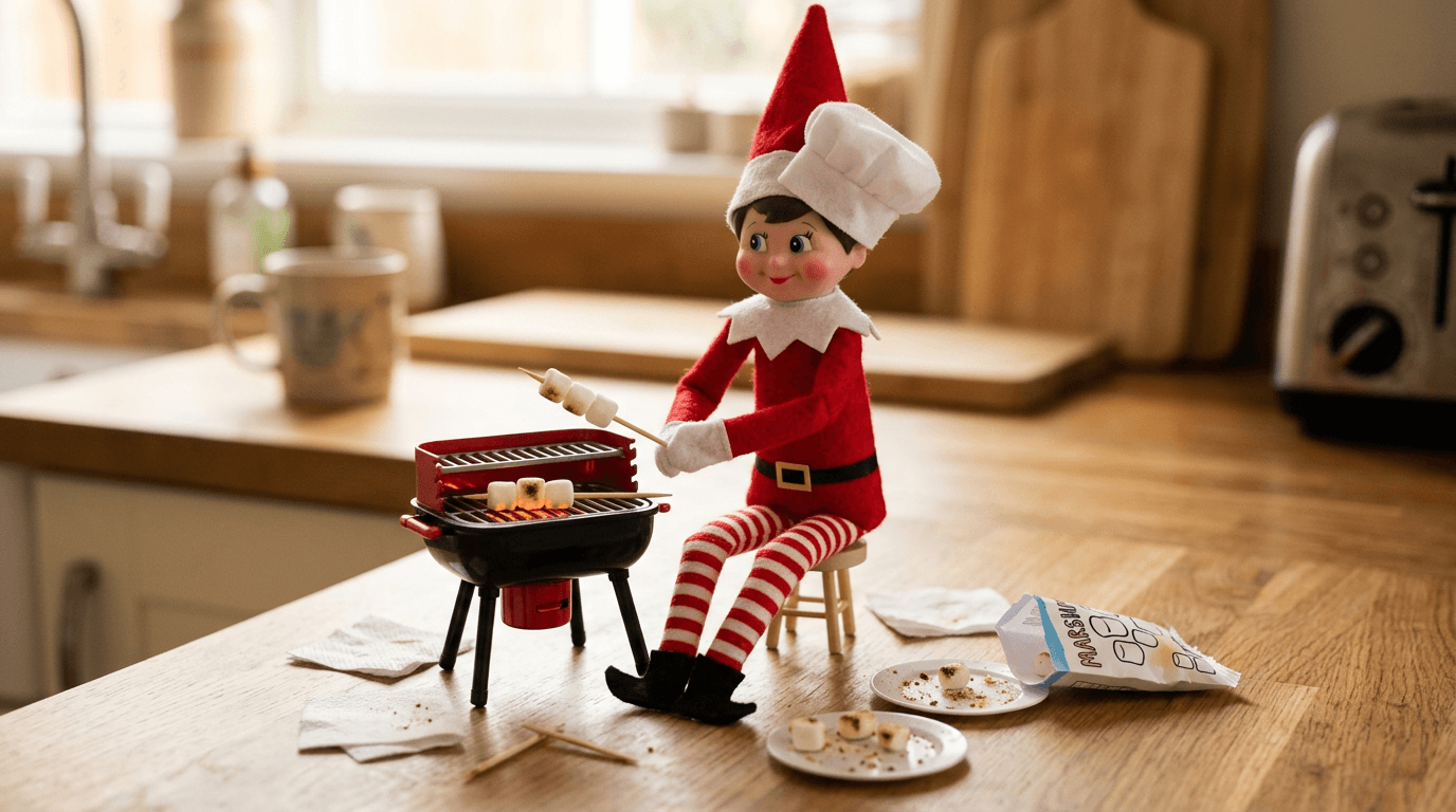 Tomtenissen sitter vid en liten leksaksgrill på köksbänken med koksmössa på huvudet. Marshmallows på tandpetare ligger runt grillen tillsammans med små tallrikar och servetter som skapar en rolig grillkväll i miniatyr.