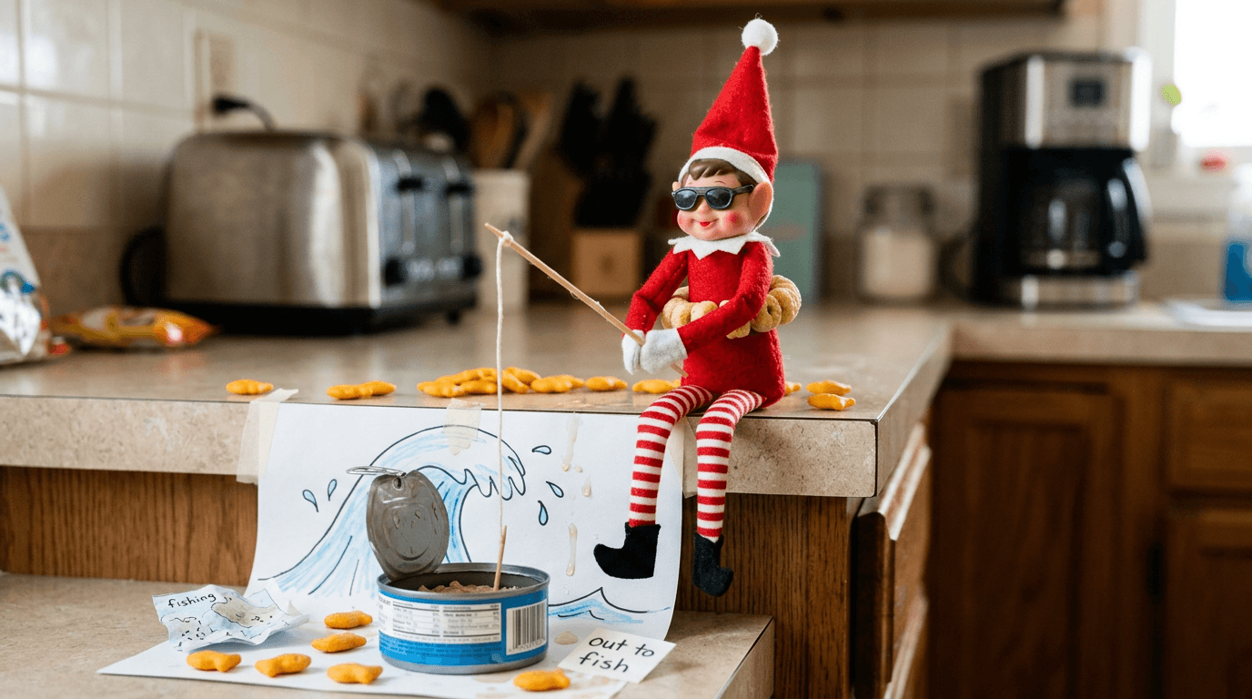 A small elf doll sits on the edge of a kitchen counter with its legs dangling over, holding a tiny fishing rod made from a toothpick and string that dangles into an open tuna can below, with a pile of goldfish crackers beside it, waves drawn on paper around the can, a cheerio life preserver around its neck, and tiny sunglasses on its face.