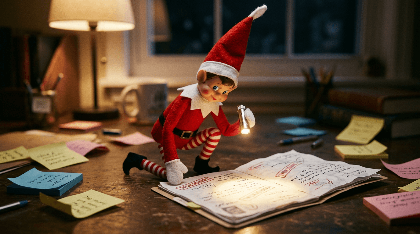 A small elf sits beside a folded paper dossier labeled 'CLASSIFIED â Eyes Only' with a tiny flashlight, sticky notes scattered around, and a mystery envelope taped nearby, creating a top-secret mission briefing scene on a child's desk.