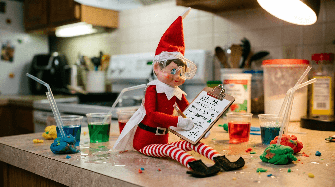 An elf dressed as a mad scientist in a coffee filter lab coat and safety goggles stands surrounded by labeled test tubes made from straws in play dough, beakers filled with colored water, and a clipboard with a 'Top Secret Experiment' note.