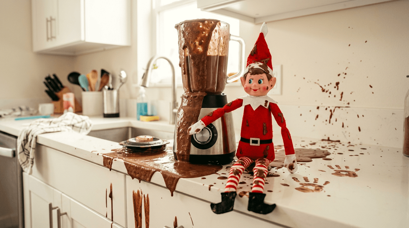Tomtenisse-docka täckt i chokladsås står bredvid en blender med chokladsplask på köksbenken och en lapp som säger 'Försökte TikTok-tricket med proteinshake... MISSLYCKADES!'