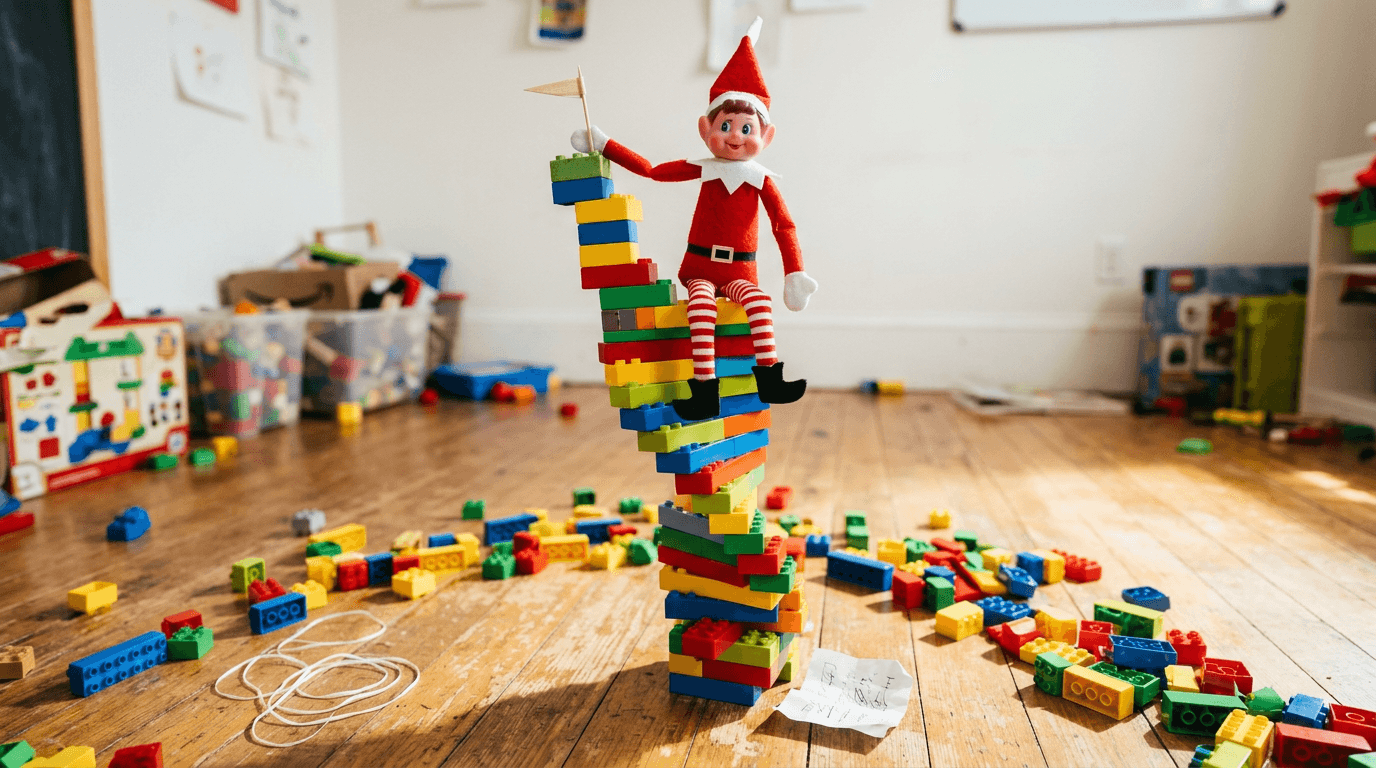 An elf doll sits atop a wobbling, rainbow-colored tower of building blocks that reaches nearly to the ceiling, with a tiny flag waving from the summit, a string dangling beside it, and scattered blocks on the floor with a sign reading 'Summit Reached!'