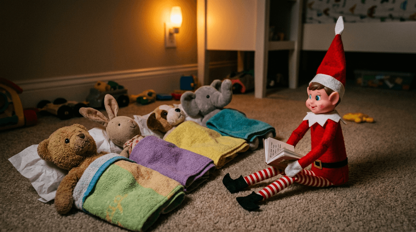 Una escena acogedora con el Elfo Travieso sentado al final de una fila de peluches, cada uno arropado con una toallita y una almohada de pañuelo, sosteniendo un cuento que dice «Buenas noches, amigos» bajo una pequeña luz nocturna que brilla suavemente.