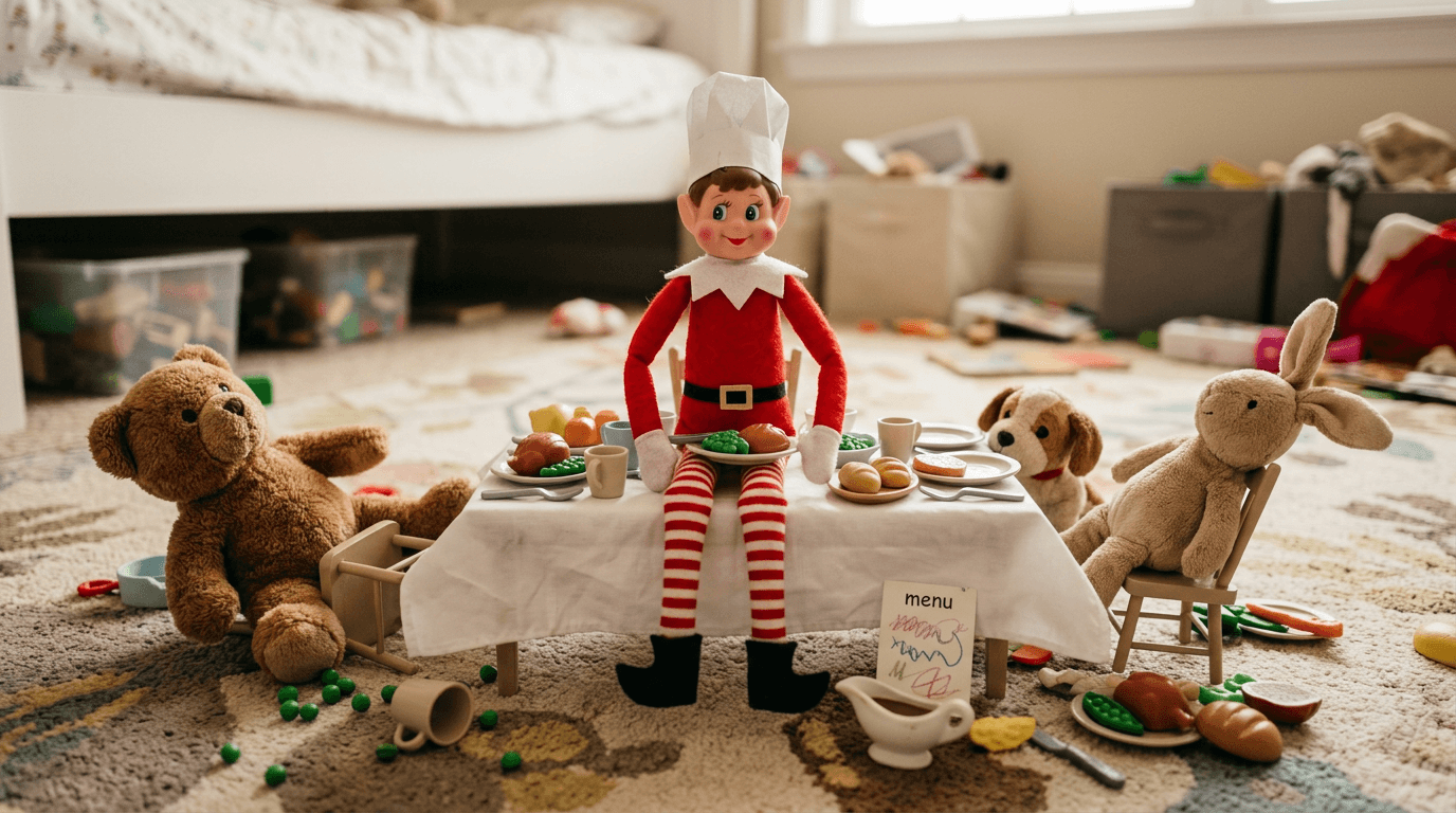 Una encantadora escena de cena navideña en miniatura con el Elfo Travieso usando un pequeño gorro de chef de papel, sentado en una mesa cubierta con un mantel diminuto, rodeado de platos de juguete, vasos, comida de plástico y peluches, con una tarjeta de menú escrita a mano que dice 'Pasta de Reno' y 'Sopa de Copos de Nieve'.