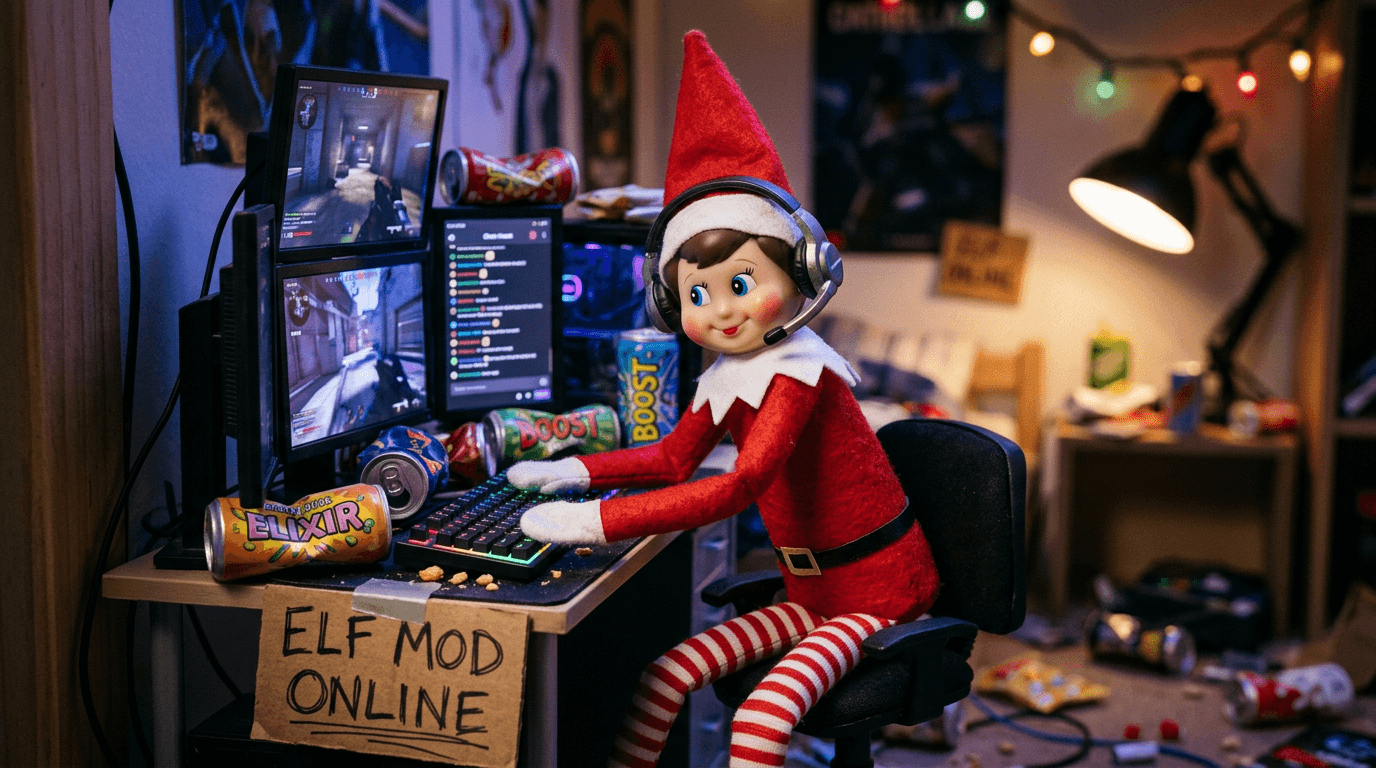En rolig tomtenisse sitter vid ett litet gamingskrivbord med miniatyrskärmar, headset, tangentbord och en skylt som säger 'Nissemod Online - Hanterar Snälla-Listan 24/7', omgiven av roliga Discord-chatt-utskrifter.