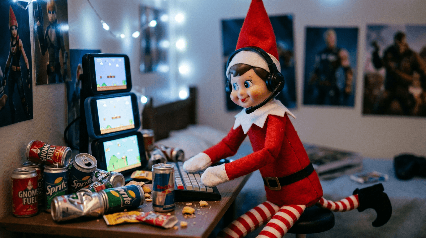 A playful elf sits at a tiny gaming desk with miniature monitors, a headset, keyboard, and a sign reading 'Elf Mod Online - Managing the Nice List Server 24/7', surrounded by fun Discord chat printouts.