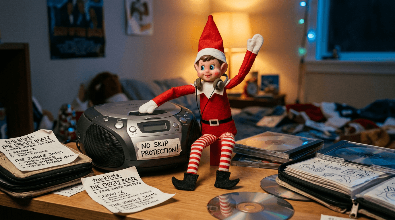 En lekfull tomtenisse sitter bakom en liten DJ-booth med en Discman som skivspelare, ett 'FIRE MIXES 1998'-CD-fodral, skumhörlurar och en skylt som säger 'INGEN SKIP-SKYDD — VI LEVER FARLIGT'.