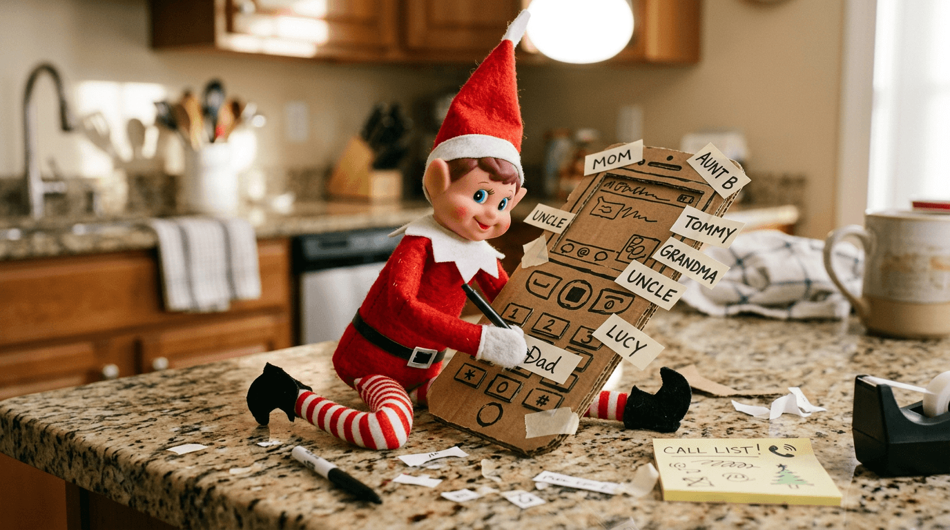 A small elf sits next to an old phone or printed screen with funny renamed contacts like 'Supreme Overlord đ' and a sticky note that reads 'Don't panic. Or do. I don't work for you.'
