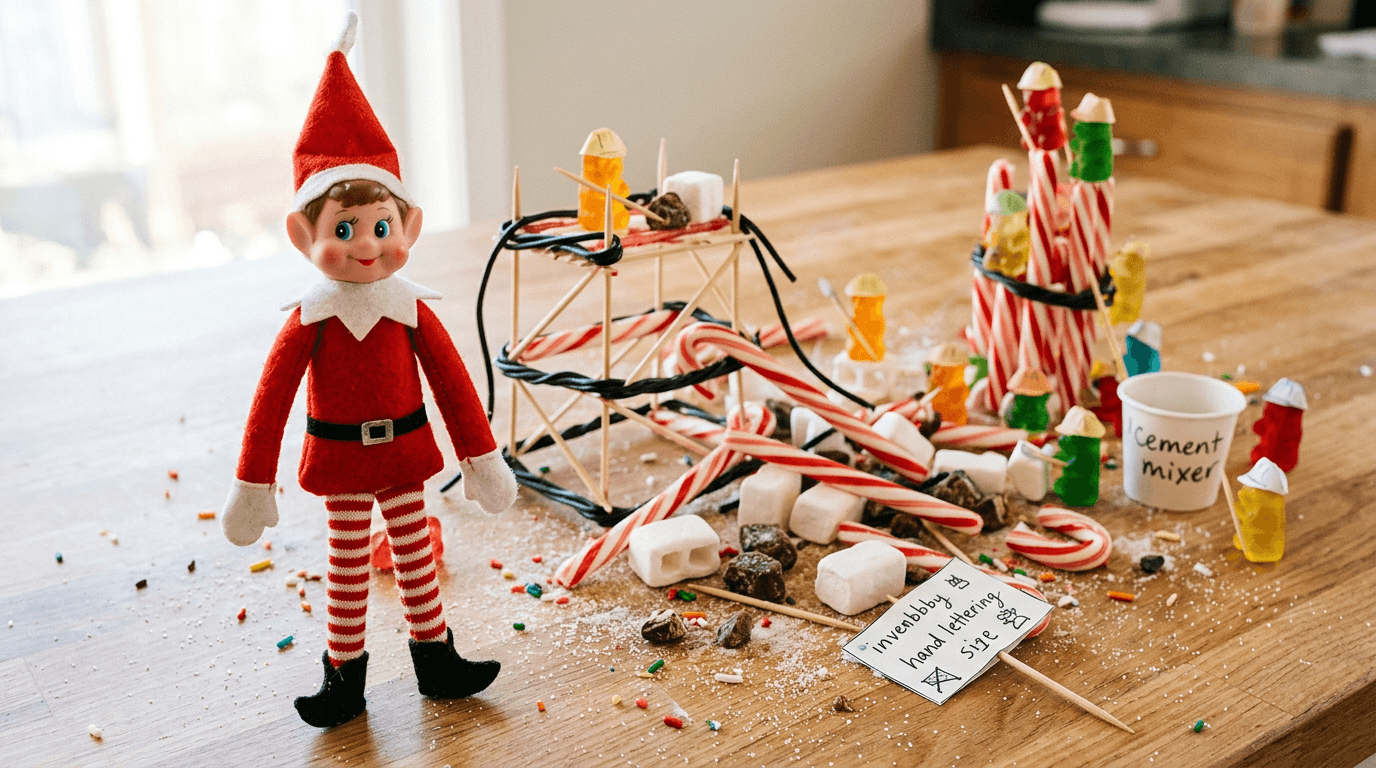 An elf stands proudly beside a colorful candy cane construction site with gummy bear workers in paper hard hats, a marshmallow cement mixer, chocolate rocks, and a sign that reads 'Under Construction - Sweet Dreams Ahead.'
