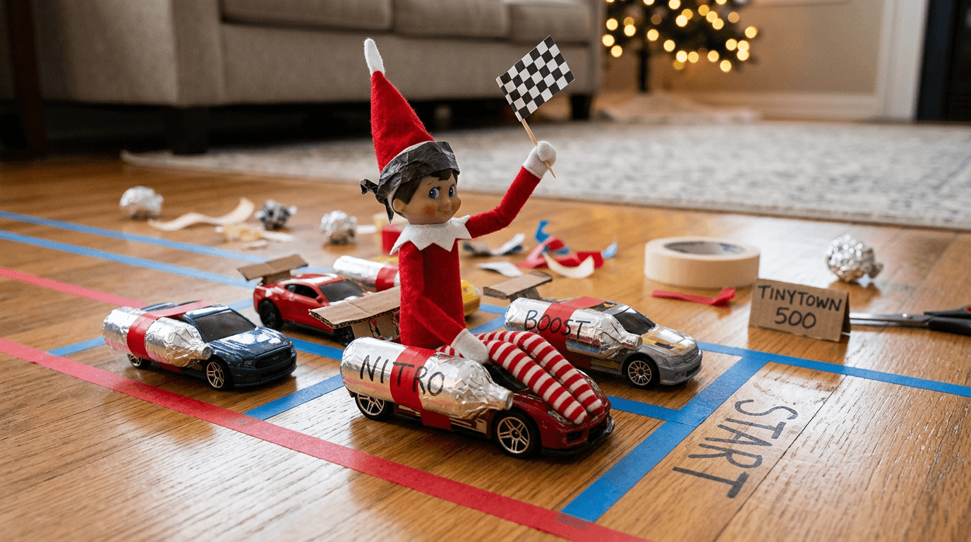 An elf sits in a toy car at the head of a racetrack made from masking tape on the living room floor, wearing a paper bandana and holding a tiny checkered flag with a 'Race Start' banner overhead and a handwritten sign nearby.