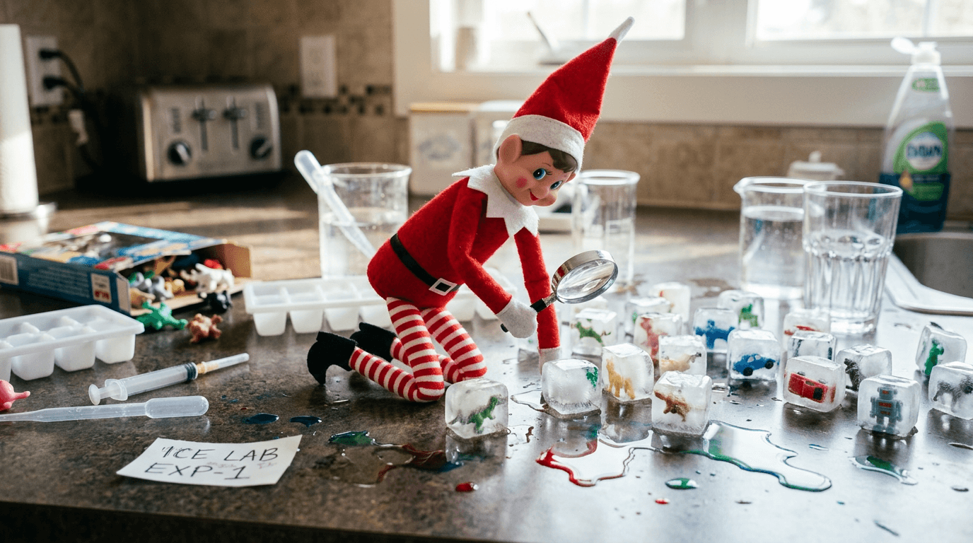 An elf doll sits at a kitchen counter surrounded by glasses of water in different stages of freezing, with toy figurines frozen inside ice cubes scattered around, a magnifying glass in its hands, and a sign reading 'Freezing Experiment in Progress' nearby.