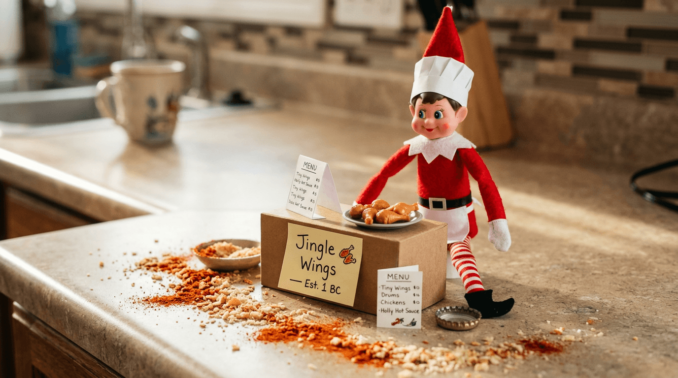 A small elf sits behind a kitchen counter turned into a fried chicken restaurant with a paper menu reading 'Jingle Wings â Est. 1 BC,' wearing a paper chefâs hat and napkin apron, and a plate of plastic drumsticks dusted with breadcrumbs in front of it.