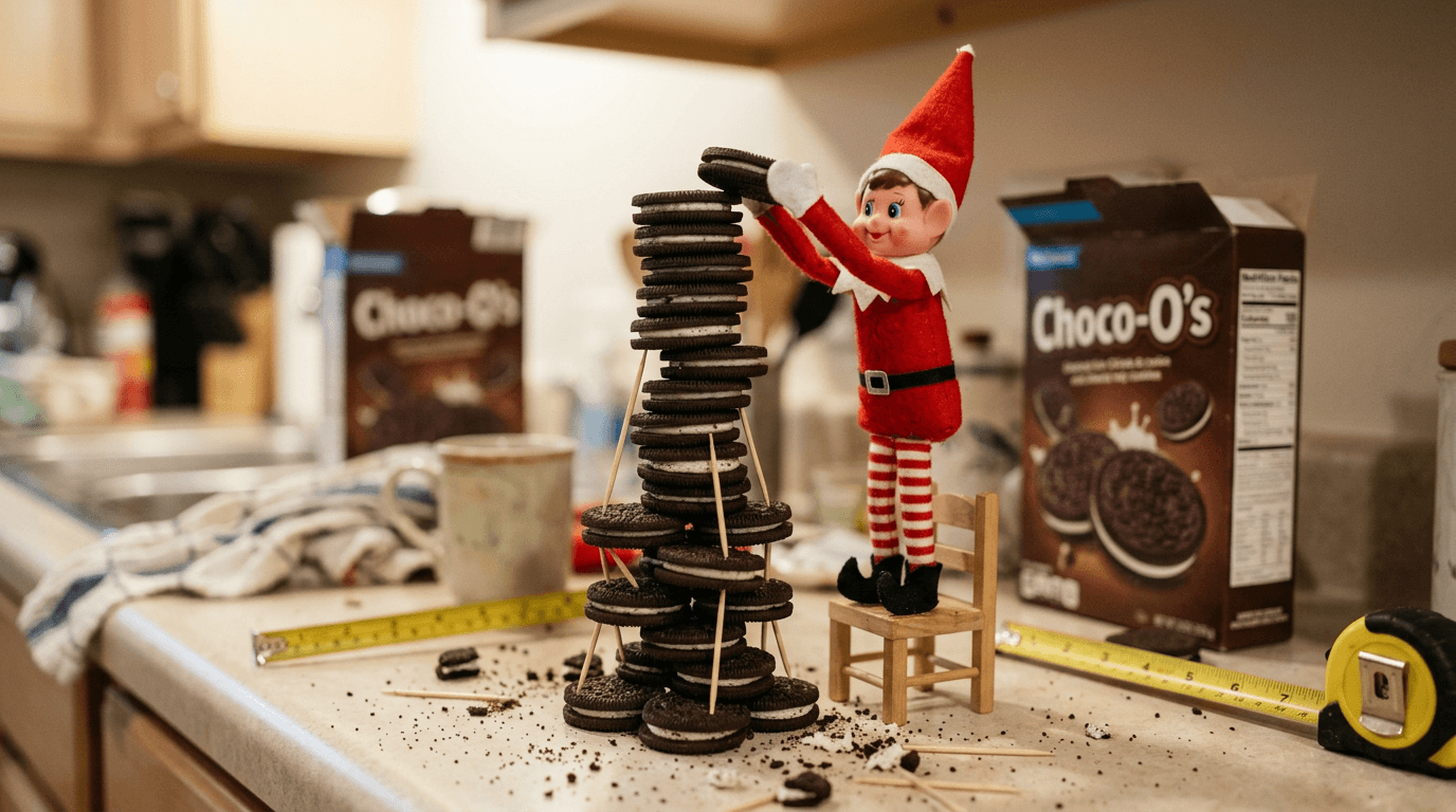 En lekfull scen där Tomtenissen står bredvid ett högt Oreo-torn med tandpetarstöd, ett måttband bredvid och en lapp med texten 'Nordpolens rekord: 12 kakor högt' på ett barnvänligt bord.
