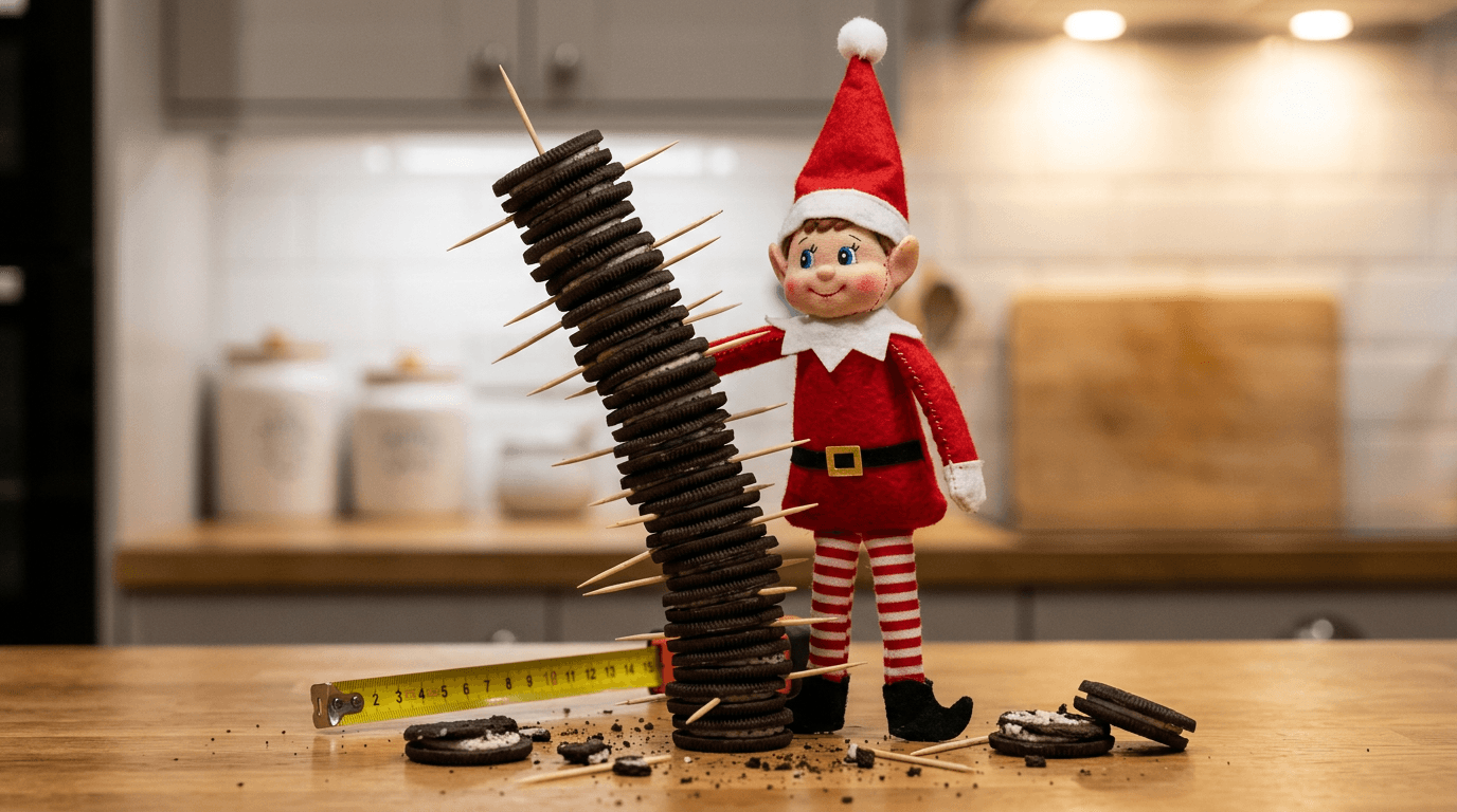A playful scene of an elf standing next to a tall Oreo tower with toothpick supports, a measuring tape next to it, and a note card reading 'North Pole Record: 12 cookies high' on a child-friendly table.