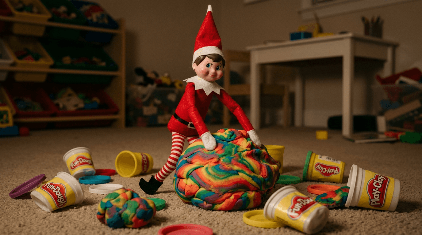 Rampenissens hender er gravd ned til albuen i en stor, fargerik klump blandet Play-Doh, med spredte, flattede Play-Doh-bokser og lokk rundt omkring i den rotete scenen.