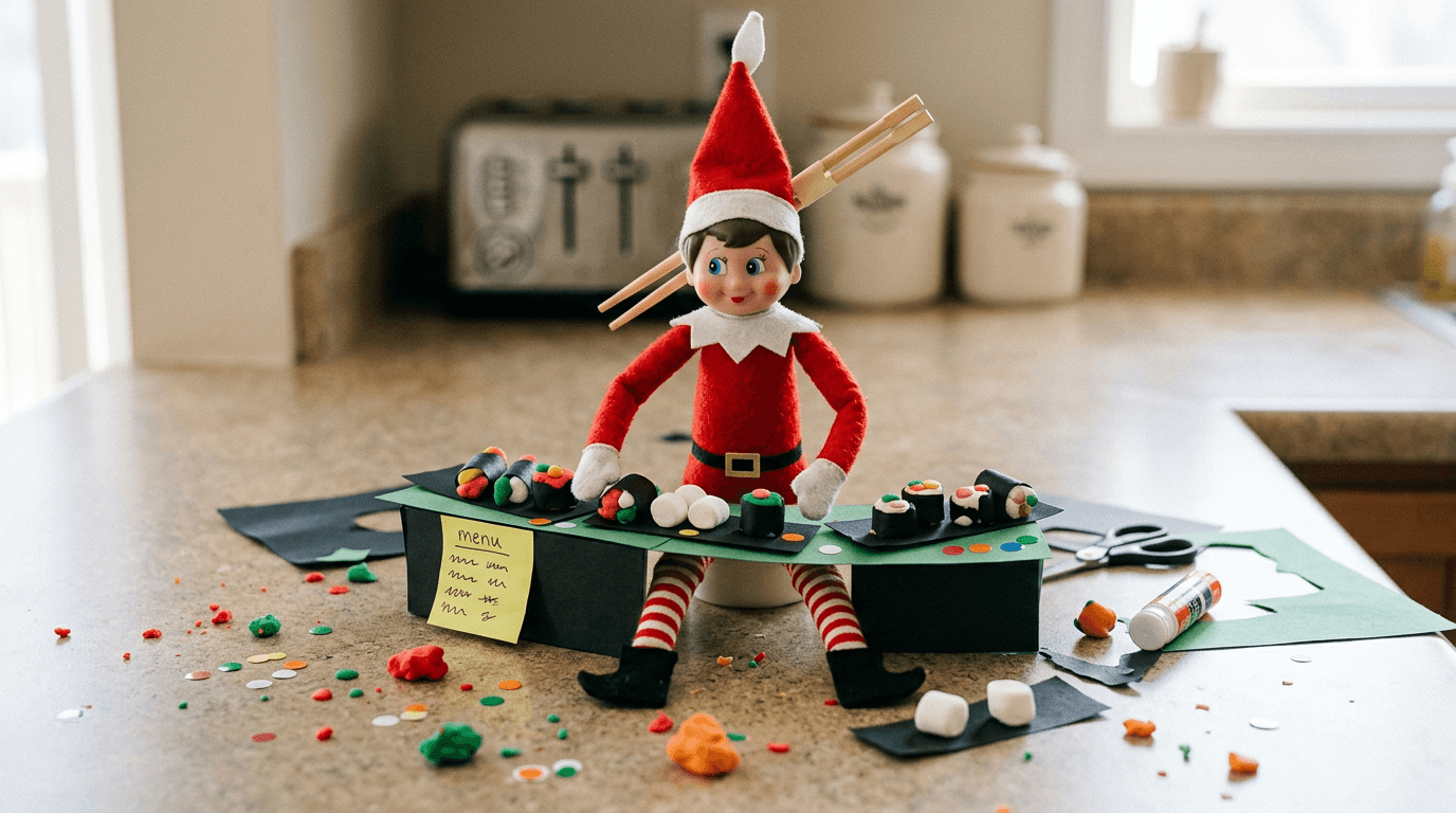 A small elf wearing a chopstick headband stands proudly next to a tiny sushi bar made from black construction paper nori, white playdough or marshmallow rice rolls, and colorful sticker dot toppings, with a sticky note menu reading 'Omakase tonight â chef's choice only!'