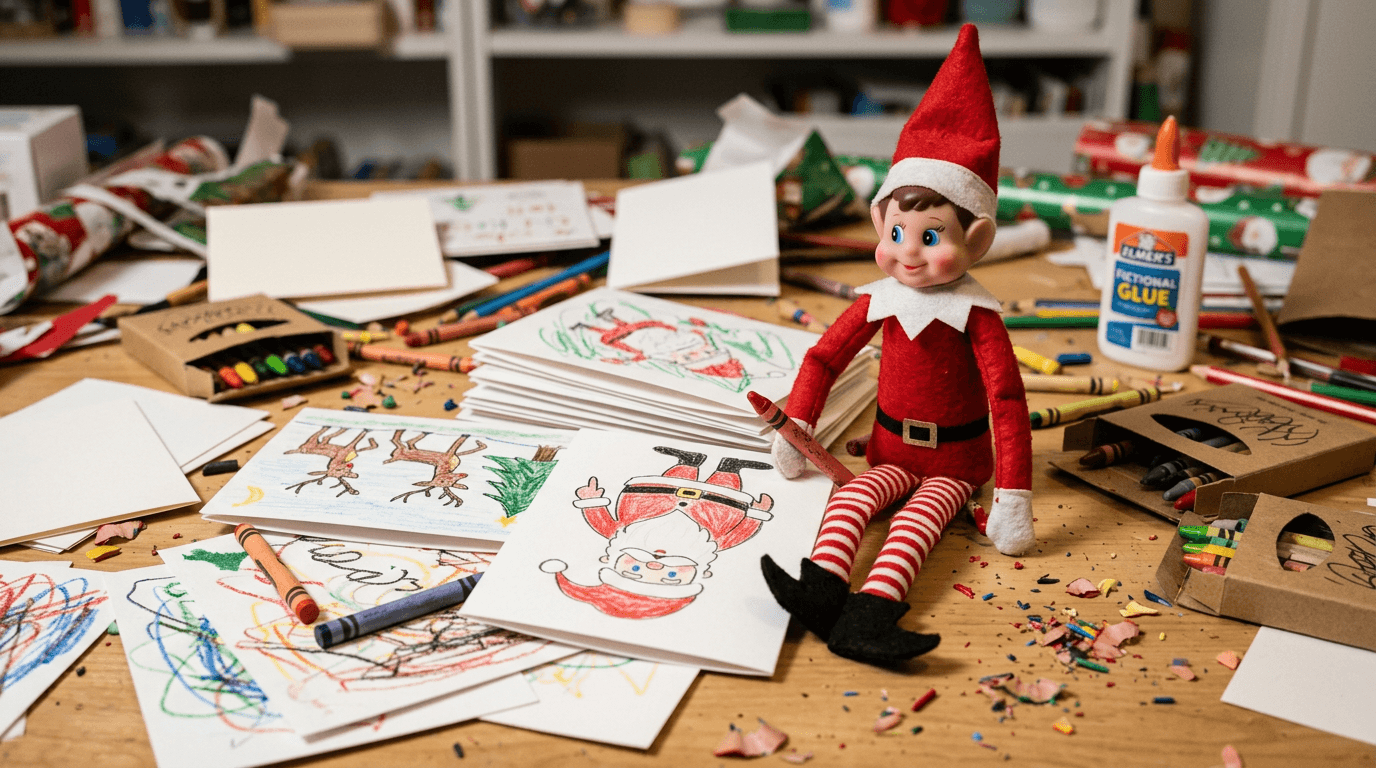 A playful scene of Christmas cards placed upside down and backwards on a small table, with crayons scattered around and a note that reads 'Oops! I forgot how to read at the North Pole!'