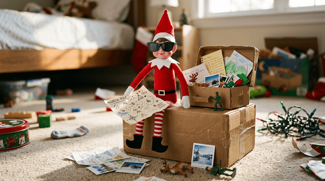 A small elf sits next to a decorated box filled with drawings, photos, and small toys, wearing sunglasses and holding a map marked 'North Pole Express', with a note nearby thanking the family for the memories.