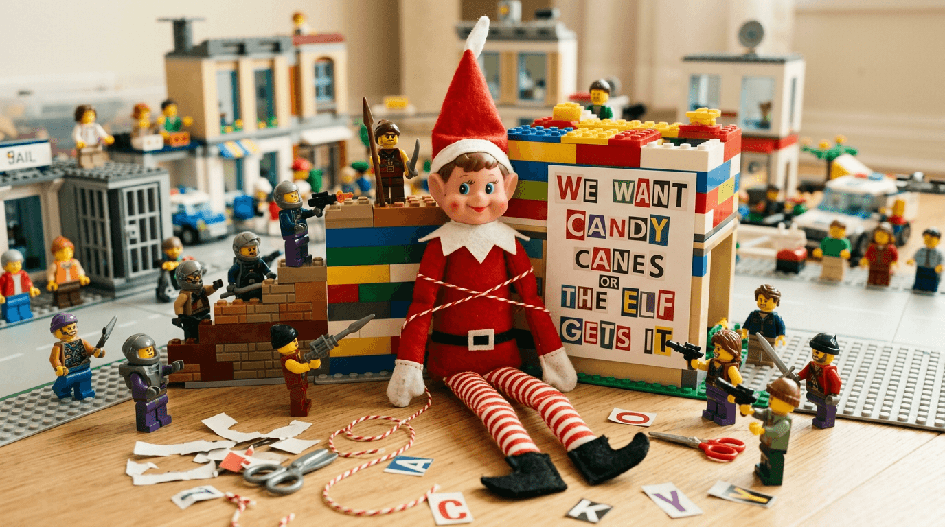 An elf is playfully tied up with red and white baker's twine in the middle of a Lego city, surrounded by villain minifigures holding tiny weapons, with a ransom note demanding candy canes and a Lego police car nearby.