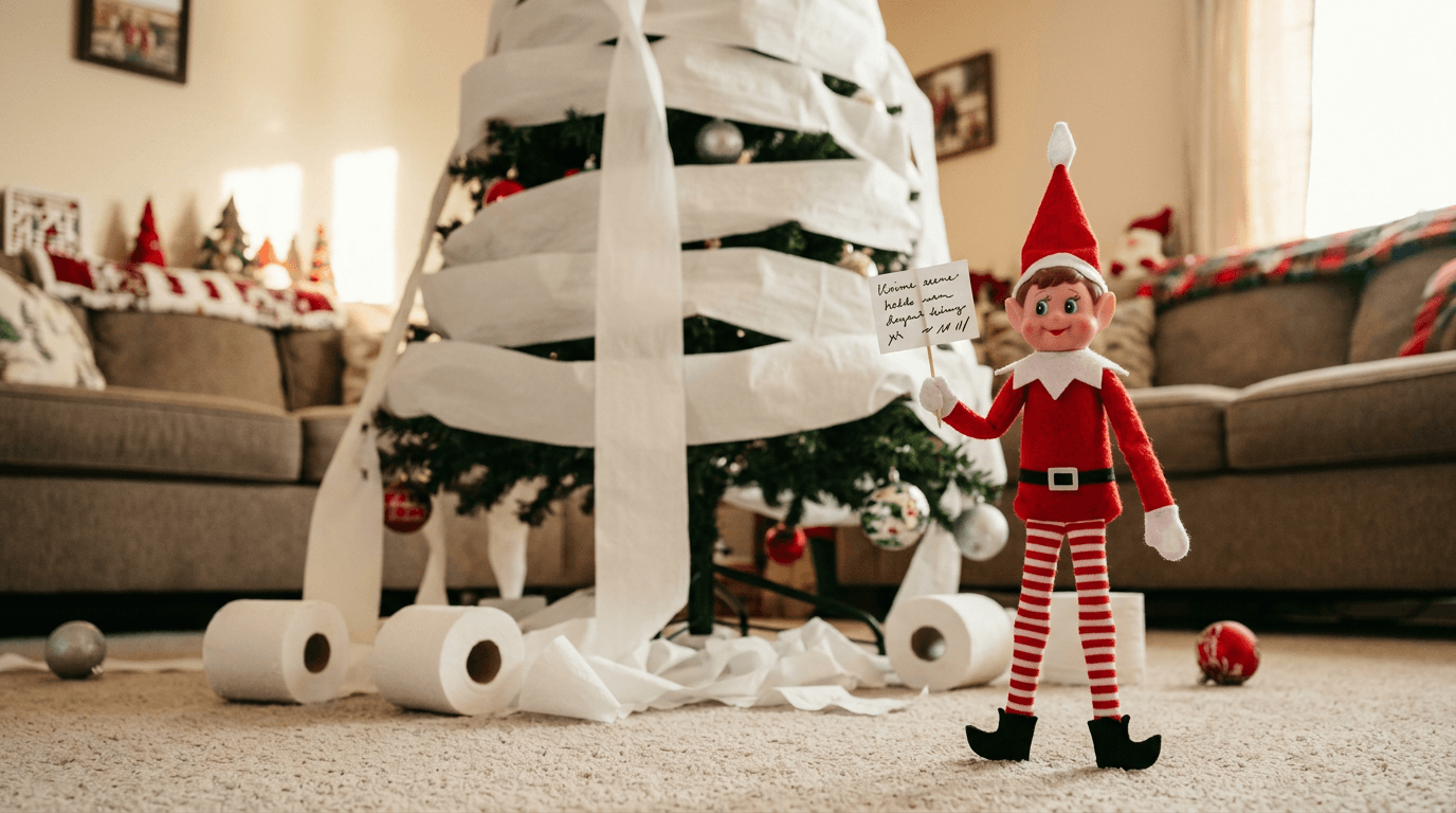 An elf stands next to a Christmas tree wrapped in toilet paper like a mummy, holding a sign that reads 'I mummified it for protection đ§»đ,' with scattered ornaments on the floor and a 'Crime Scene' sticky note on the couch.