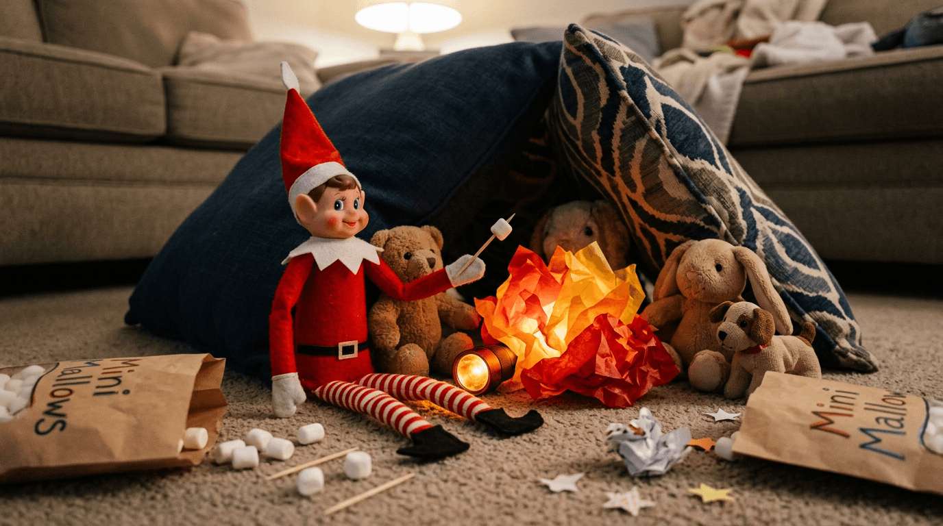 Escena acogedora de acampada en la sala con cojines formando una tienda, llamas de papel rojo iluminadas por una linterna, animales de peluche alrededor de una fogata de mentira, malvaviscos asándose en un palillo, y un cielo nocturno estrellado hecho con papel perforado.