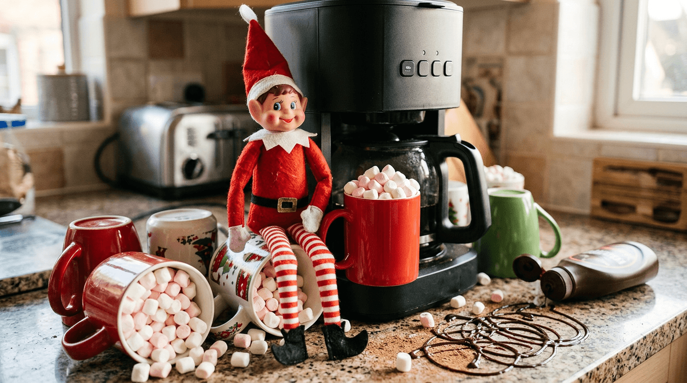 En liten nissedocka sitter bredvid en kaffebryggare på köksbänken omgiven av upp- och nedvända muggar fyllda med marshmallows och chokladsås i snirkliga mönster som latte art.