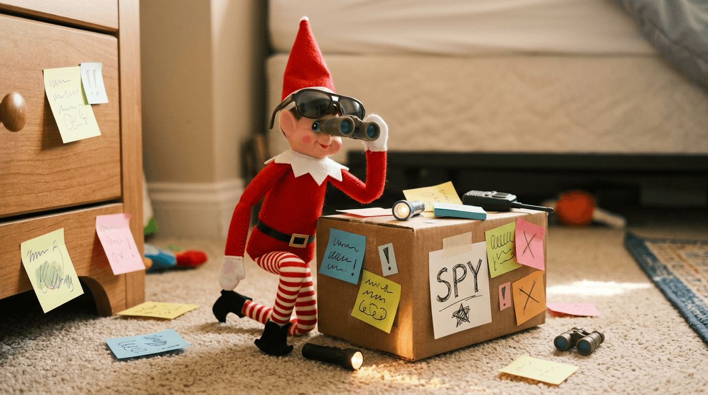 An elf wearing sunglasses and a homemade badge sits at a small spy headquarters with binoculars, a flashlight, a walkie-talkie, and sticky notes with funny observations about family members scattered around.