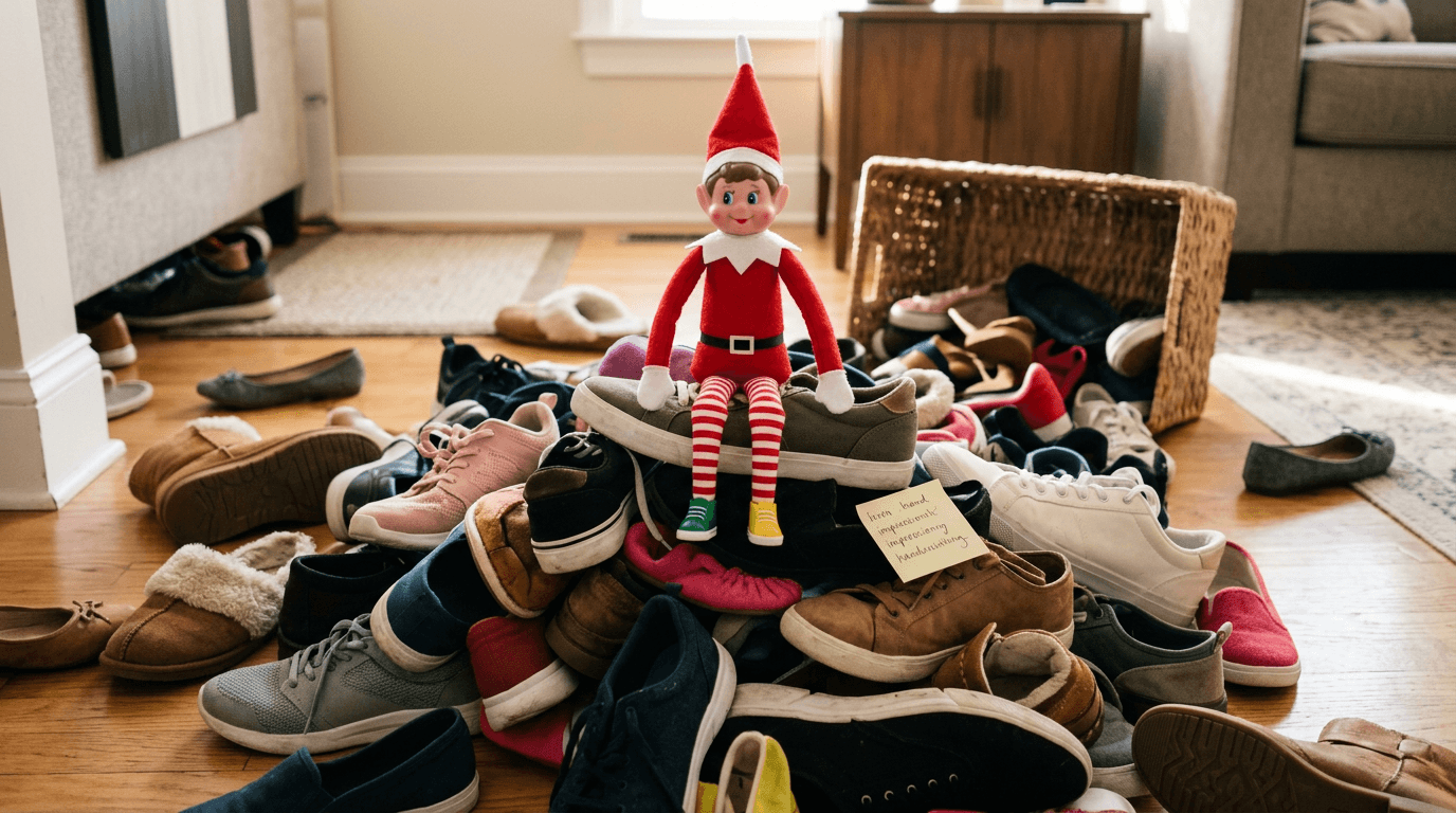 Un pequeño Elfo Travieso sentado orgullosamente sobre un montón de zapatos de colores mezclados, con una nota adhesiva que dice «¡Ahora a buscar tu par!»