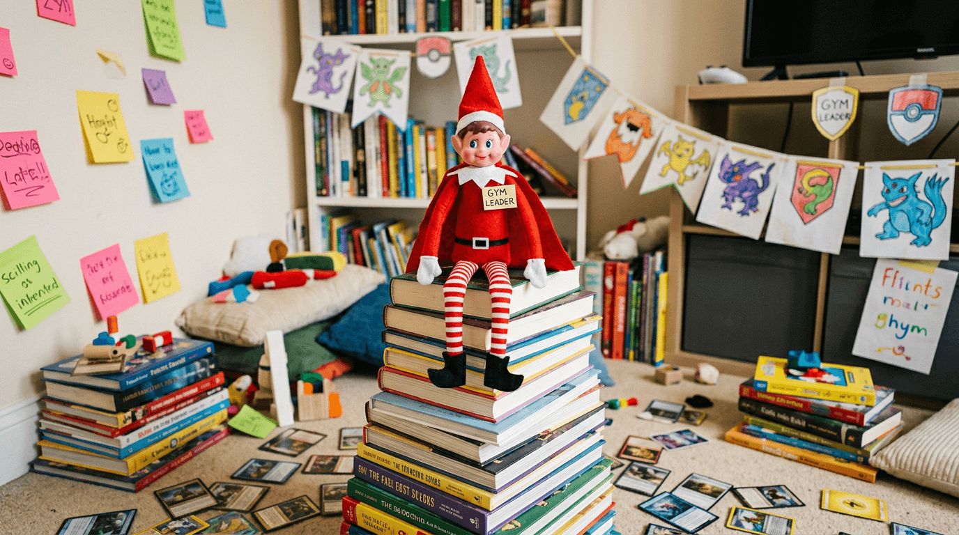 An elf sits on a throne made of stacked books, wearing a paper cape and a 'Gym Leader' badge, with Pokémon cards spread across the floor and a sign reading 'Defeat my 3 holiday challenges to earn the FROST BADGE!' next to a Pikachu toy guarding the entrance.