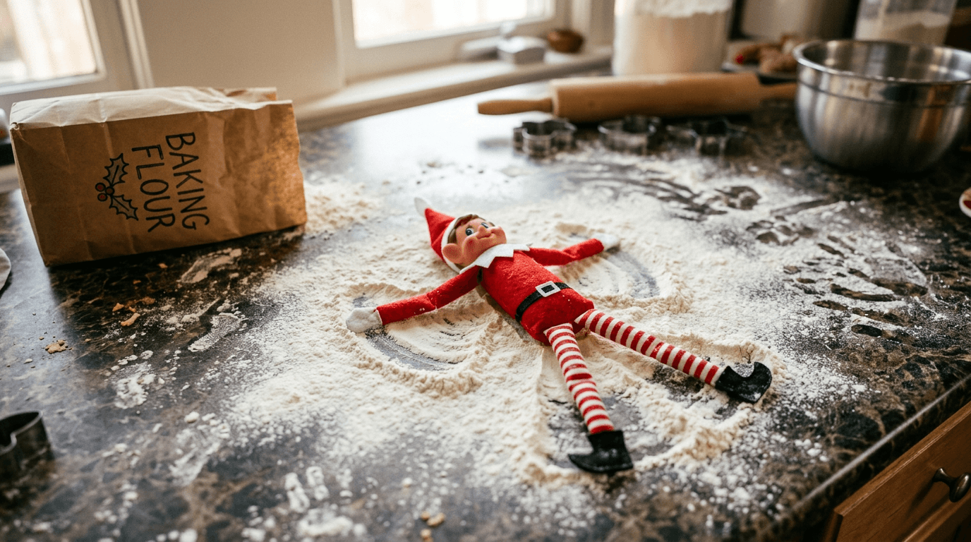 Tomtenissedockan ligger platt på rygg på en köksbenk i form av en snöängel, omgiven av en mjuk mjölhög med små mjölhandavtryck och fotspår som leder bort från ängeln.